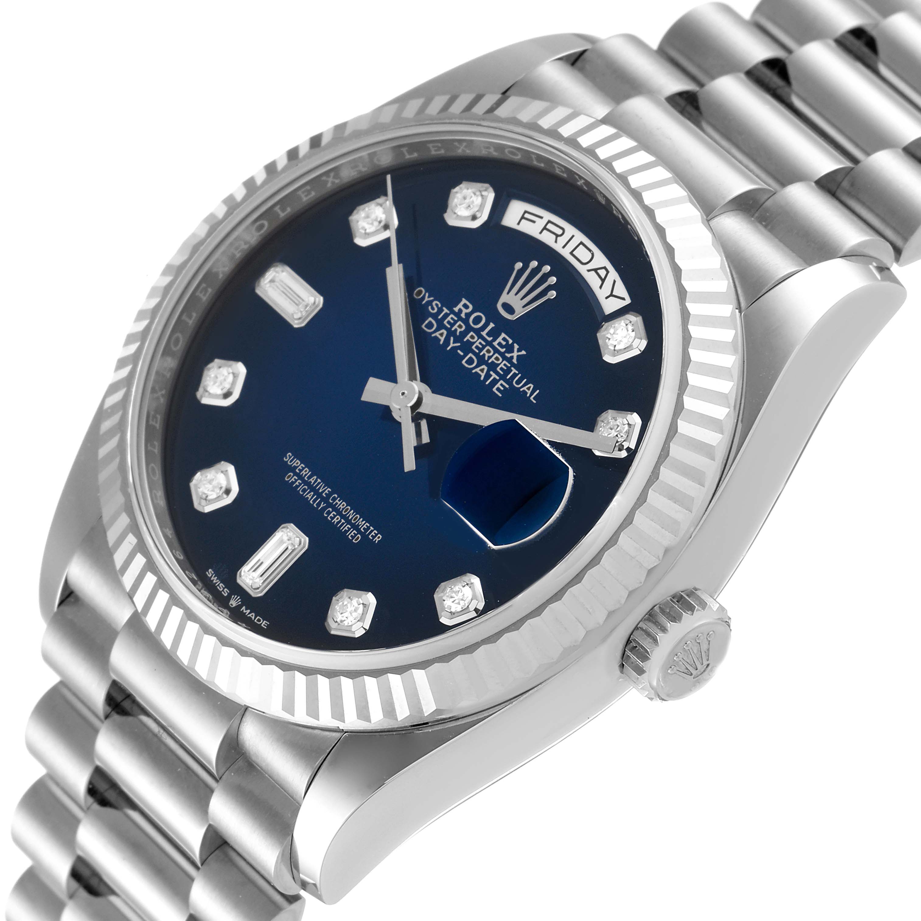 The image shows a close-up angle of a Rolex President 128239 Men's White Gold Blue Dial 128239 Men's White Gold Blue Dial model watch highlighting the watch face, bezel, and bracelet.