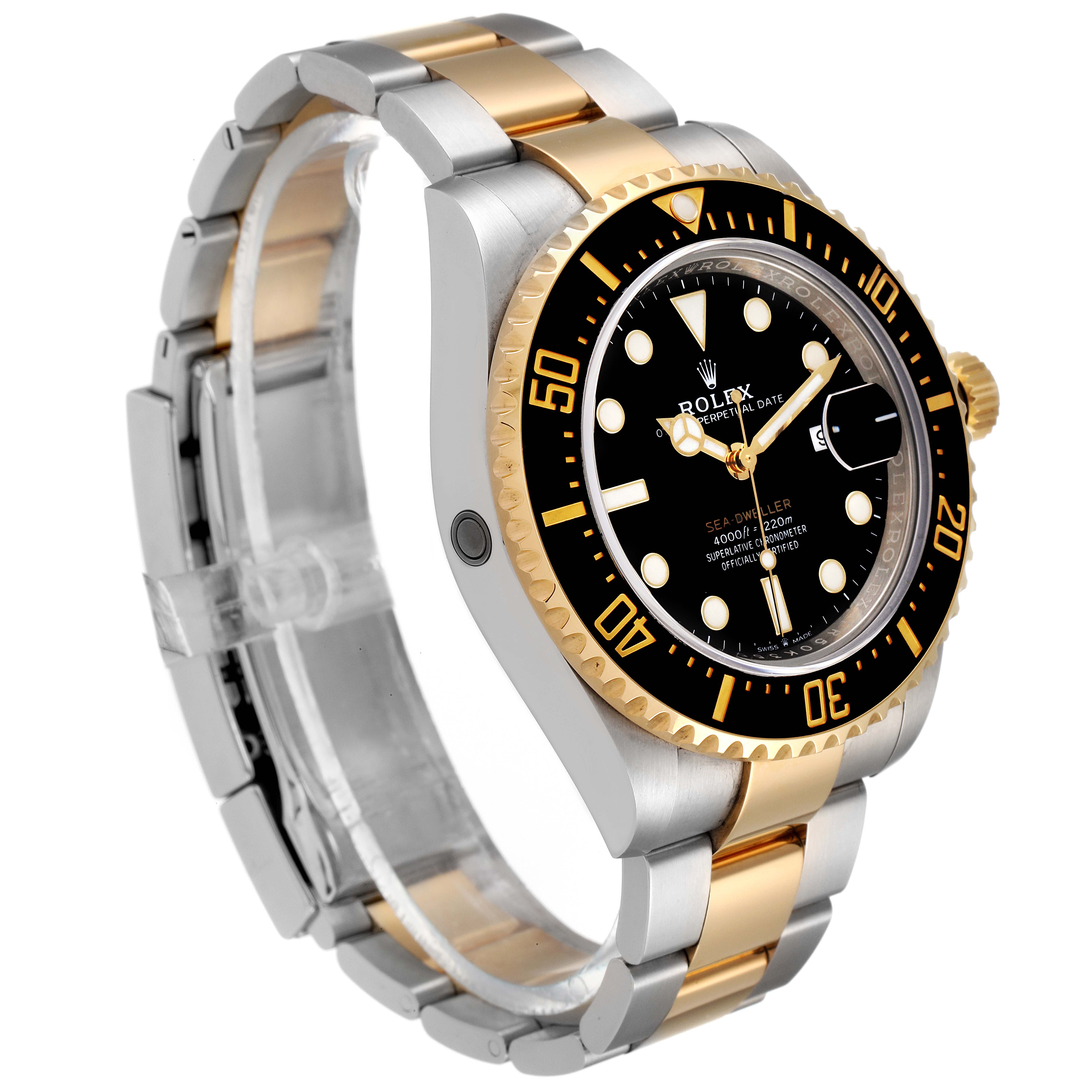 The image shows a side angle of a Rolex Sea-Dweller 126603 Men's Steel and Gold (two tone) Black Dial 126603 Men's Steel and Gold (two tone) Black Dial watch, highlighting the face, bezel, and two-tone bracelet.