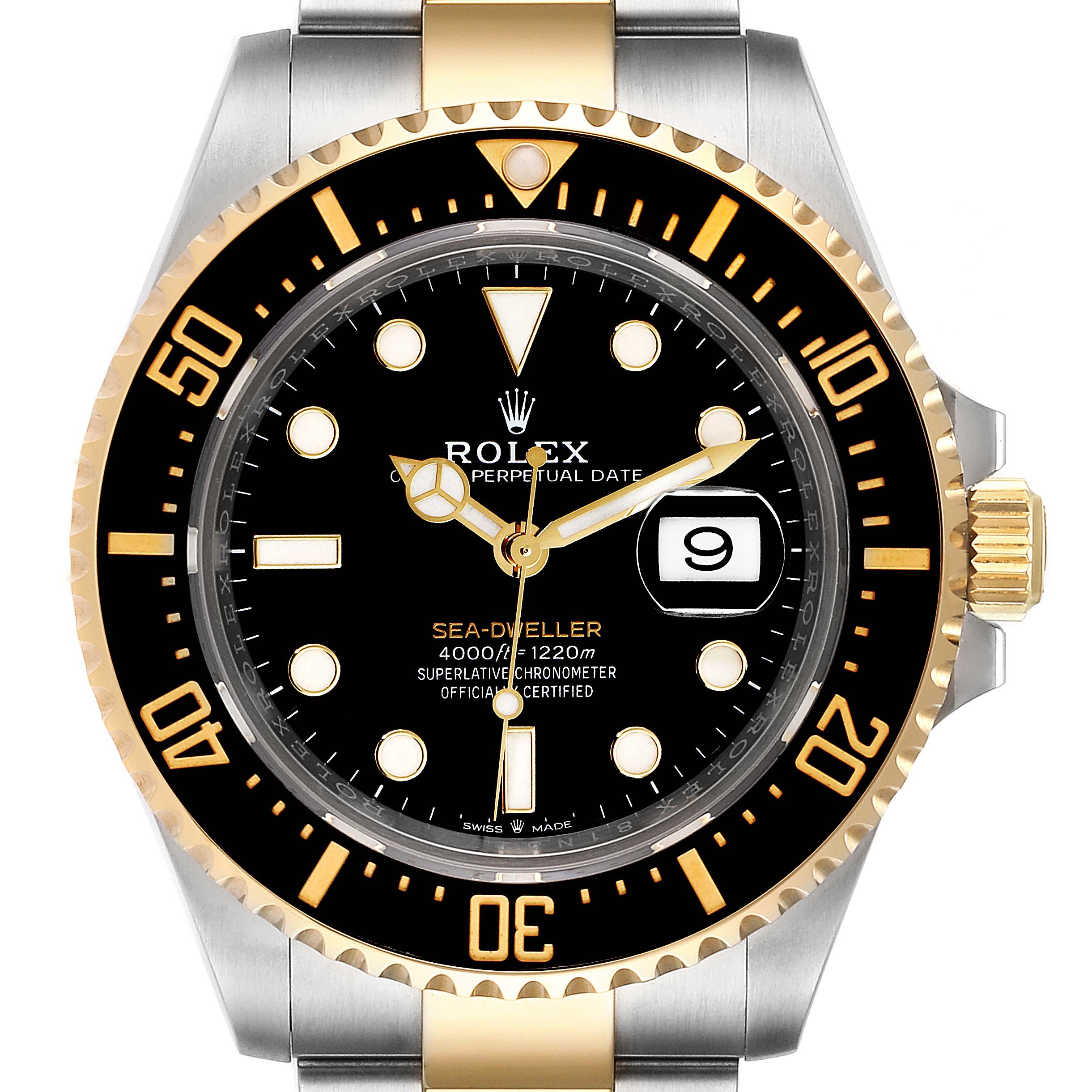 This image shows the front view of a Rolex Sea-Dweller 126603 Men's Steel and Gold (two tone) Black Dial 126603 Men's Steel and Gold (two tone) Black Dial watch, highlighting its dial, bezel, and part of the bracelet.