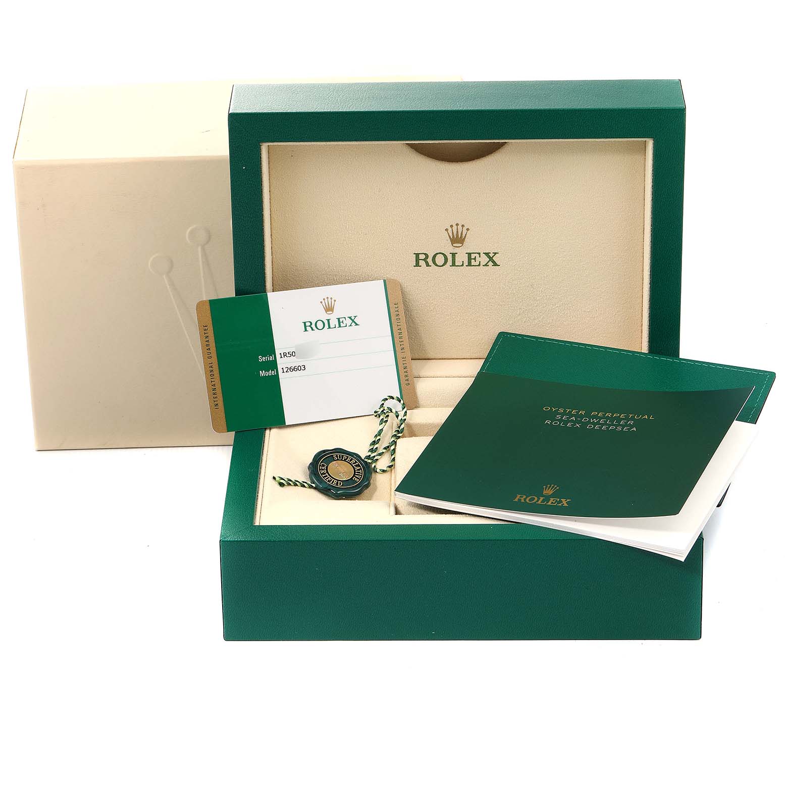 The image shows the packaging of a Rolex Sea-Dweller 126603 Men's Steel and Gold (two tone) Black Dial 126603 Men's Steel and Gold (two tone) Black Dial, including the box, tags, warranty card, and manual.