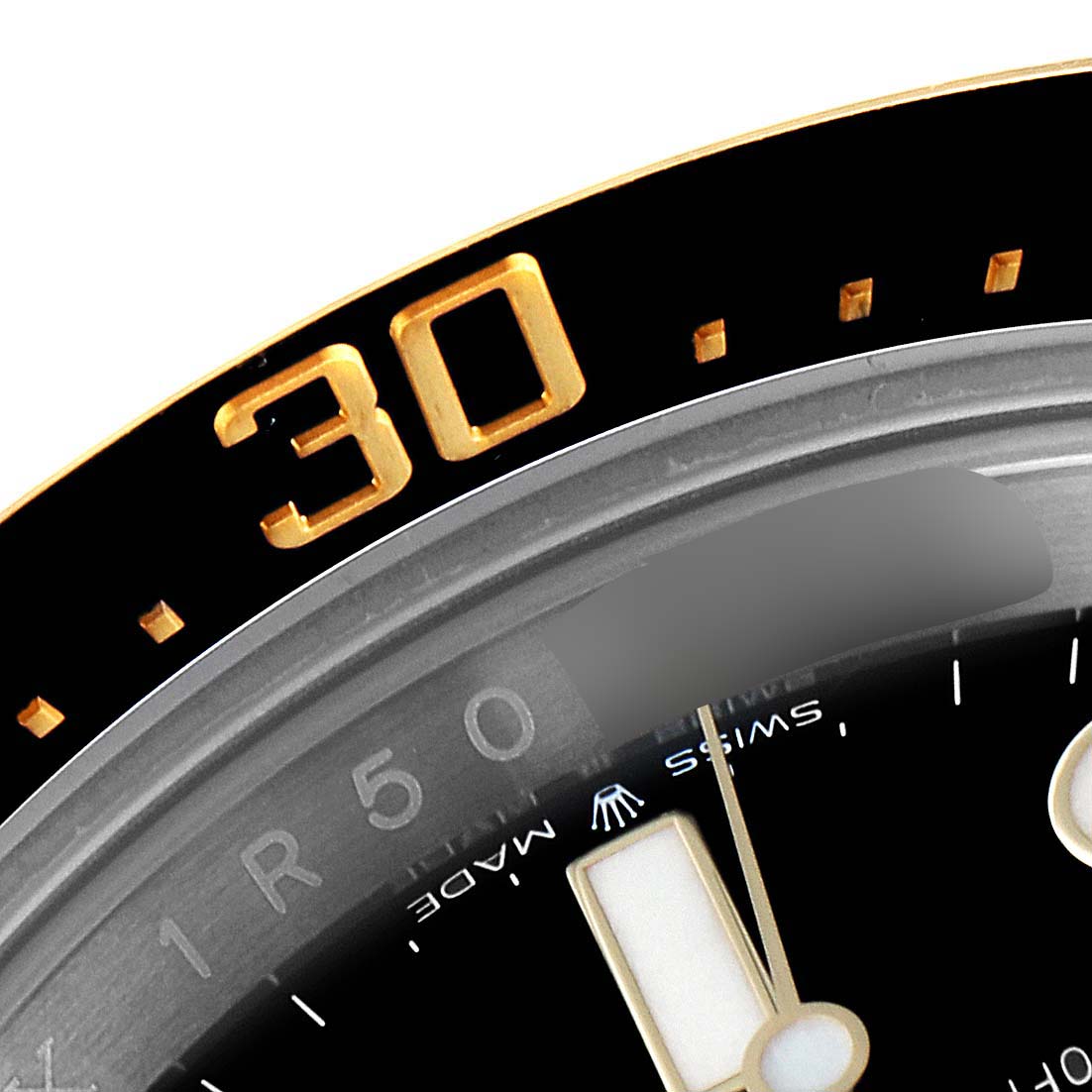 The image shows a close-up of the bezel and part of the dial of a Rolex Sea-Dweller 126603 Men's Steel and Gold (two tone) Black Dial 126603 Men's Steel and Gold (two tone) Black Dial, highlighting the "30" mark and the hour hand.