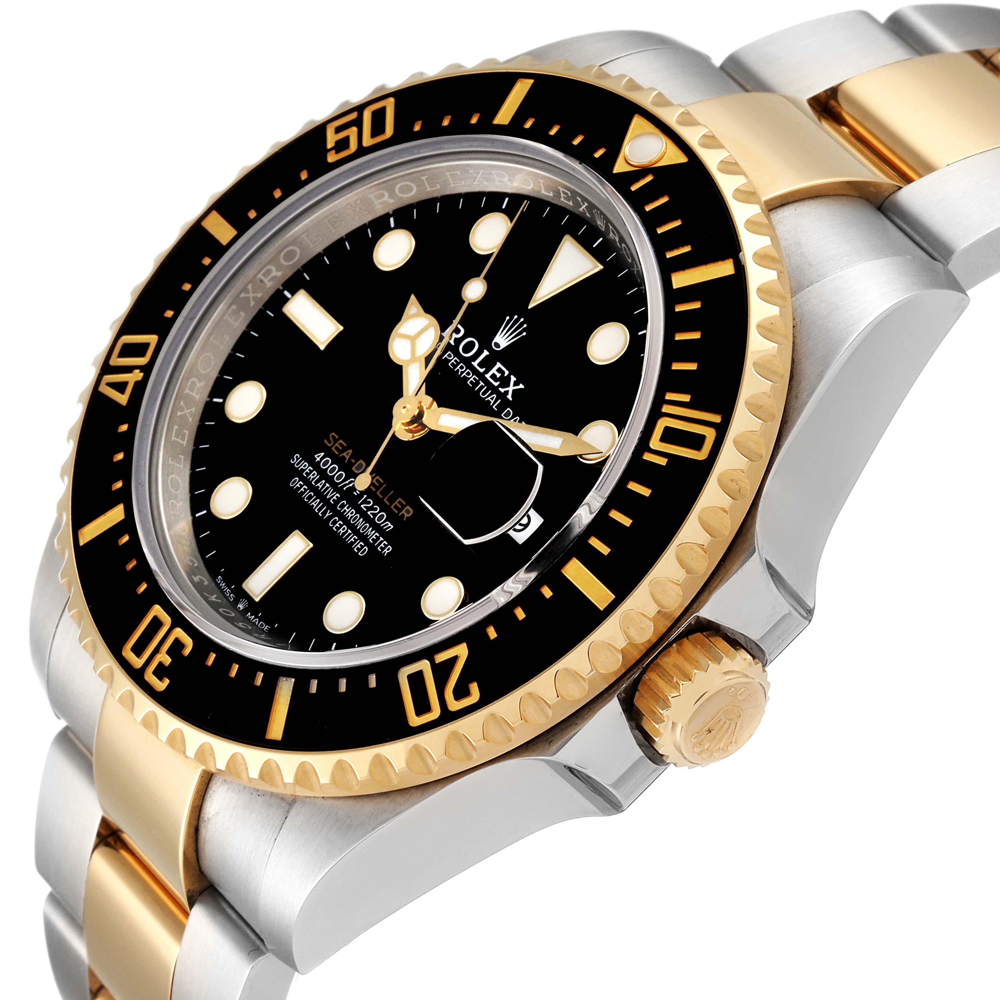 The Rolex Sea-Dweller 126603 Men's Steel and Gold (two tone) Black Dial 126603 Men's Steel and Gold (two tone) Black Dial is shown at an angled view, highlighting the black dial, bezel, and two-tone wristband.