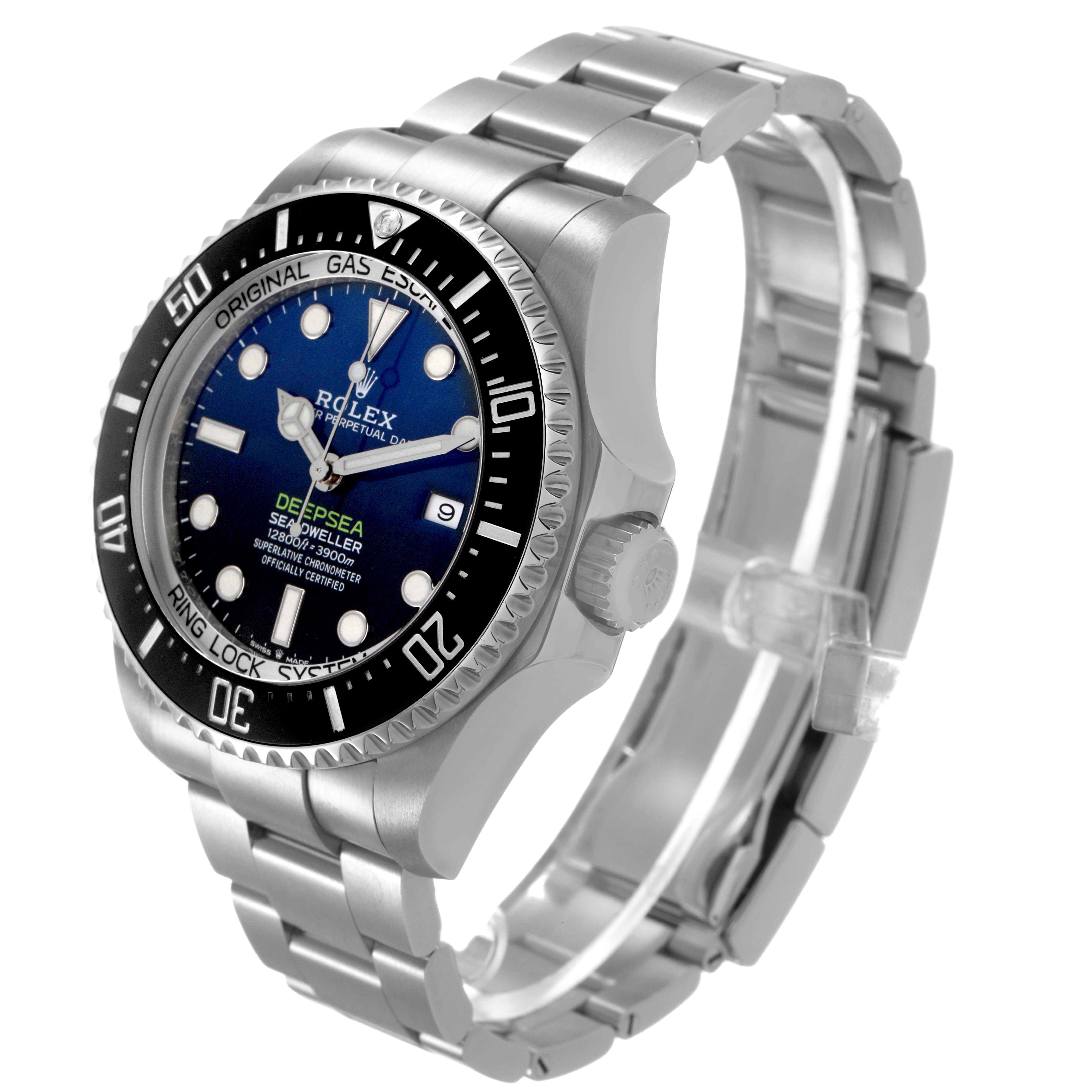 The Rolex Sea-Dweller 126660 Men's Stainless Steel Blue Dial watch is shown at a 3/4 angle, highlighting the dial, bezel, crown, and stainless steel bracelet.