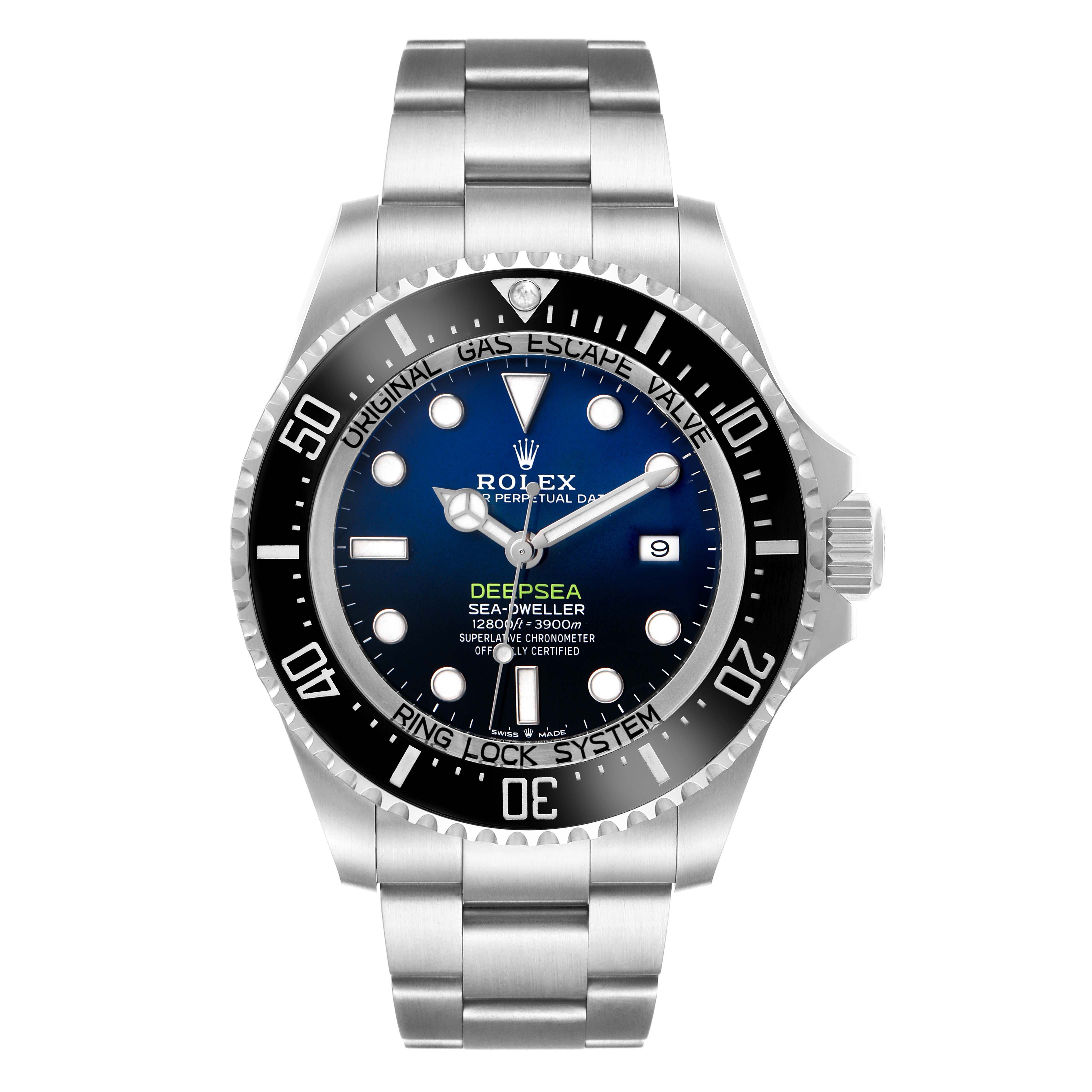 The Rolex Sea-Dweller 126660 Men's Stainless Steel Blue Dial watch is shown from the front, displaying its dial, bezel, and bracelet.