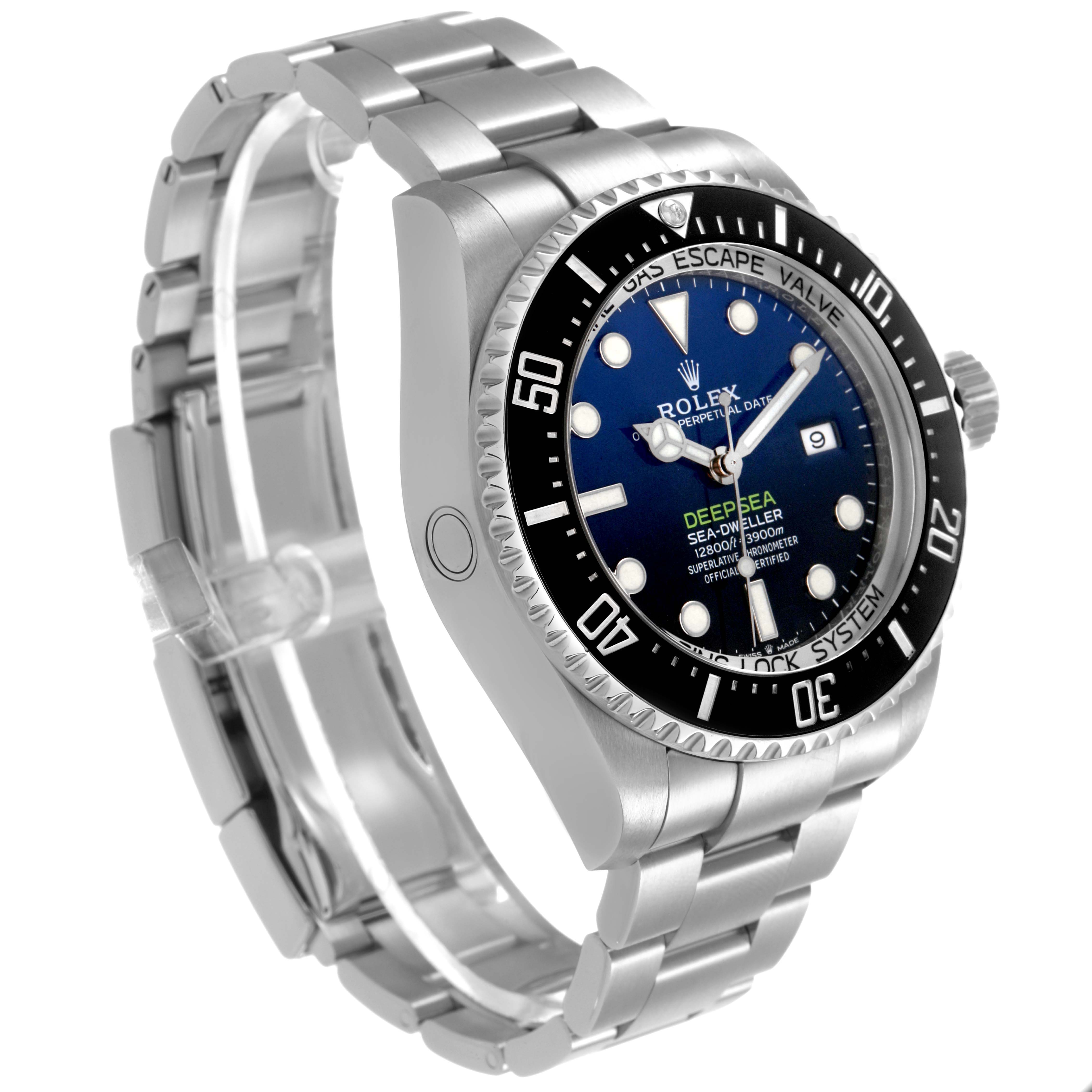 The Rolex Sea-Dweller 126660 Men's Stainless Steel Blue Dial is shown at a three-quarter angle highlighting the bezel, crown, dial, and bracelet.