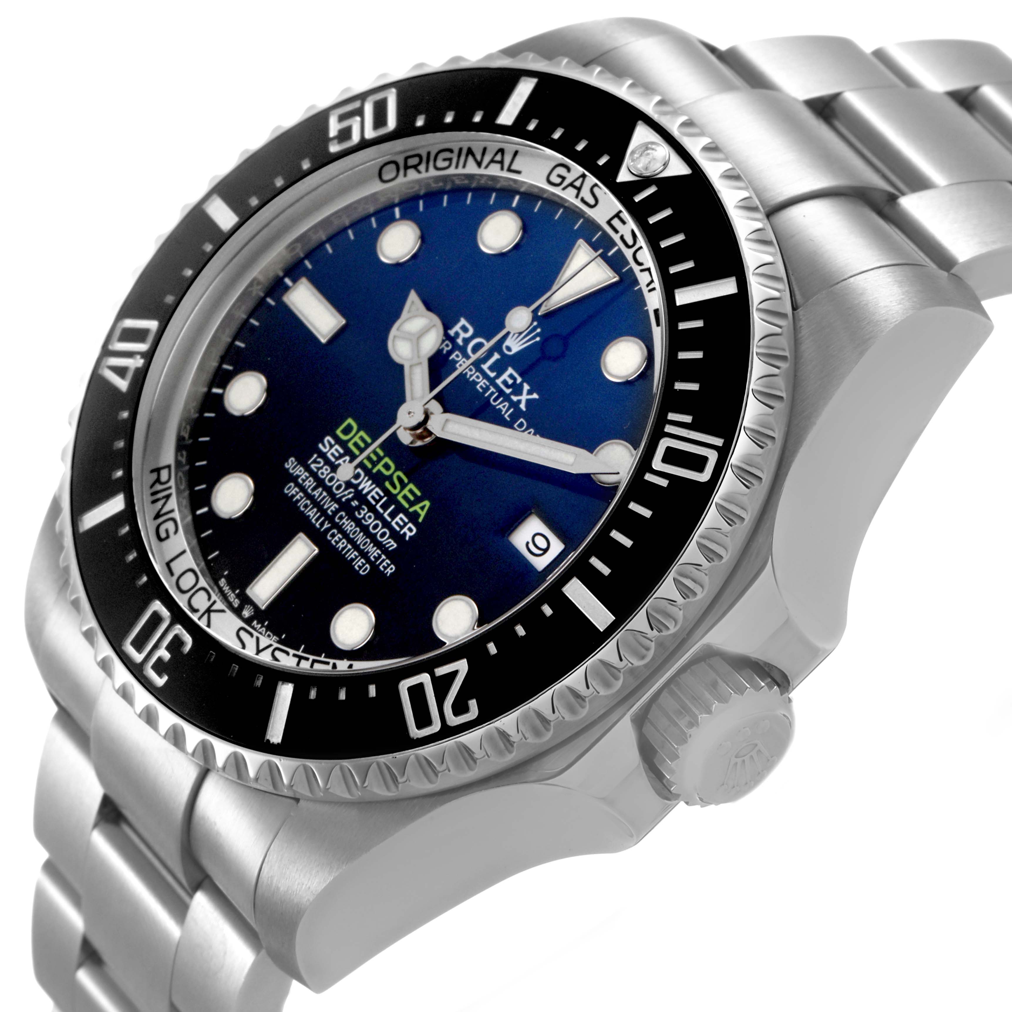 The Rolex Sea-Dweller 126660 Men's Stainless Steel Blue Dial watch is shown from an angled side view, highlighting the bezel, crown, and part of the bracelet.