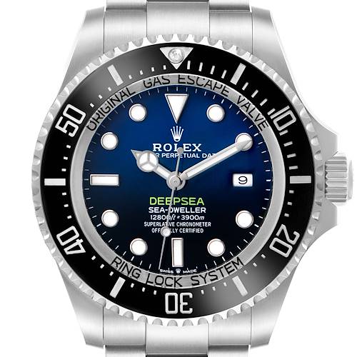 The Rolex Sea-Dweller 126660 Men's Stainless Steel Blue Dial watch is shown from a front angle, displaying the dial, bezel, and part of the bracelet.