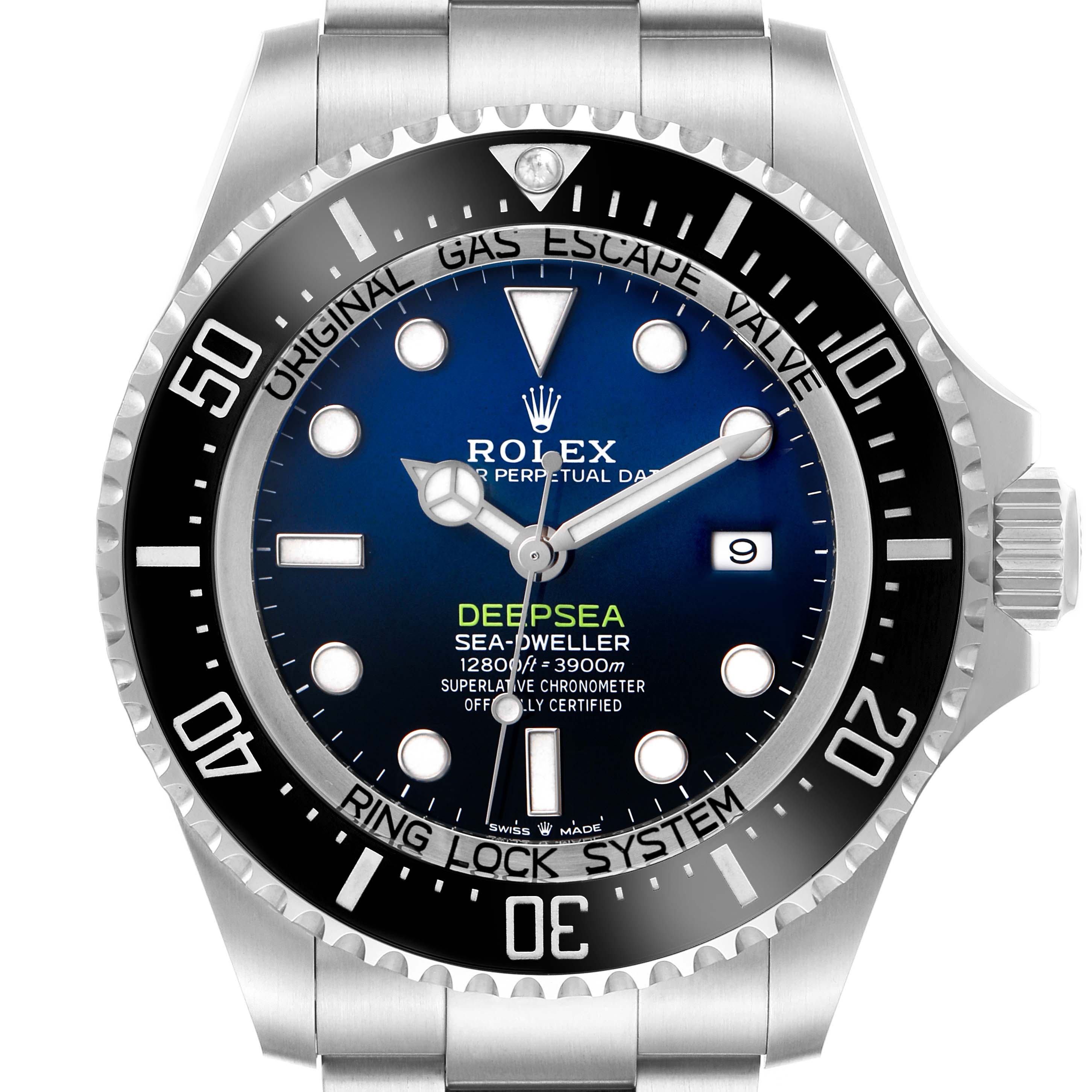 The Rolex Sea-Dweller 126660 Men's Stainless Steel Blue Dial is shown from the front, highlighting the dial, bezel, and crown.