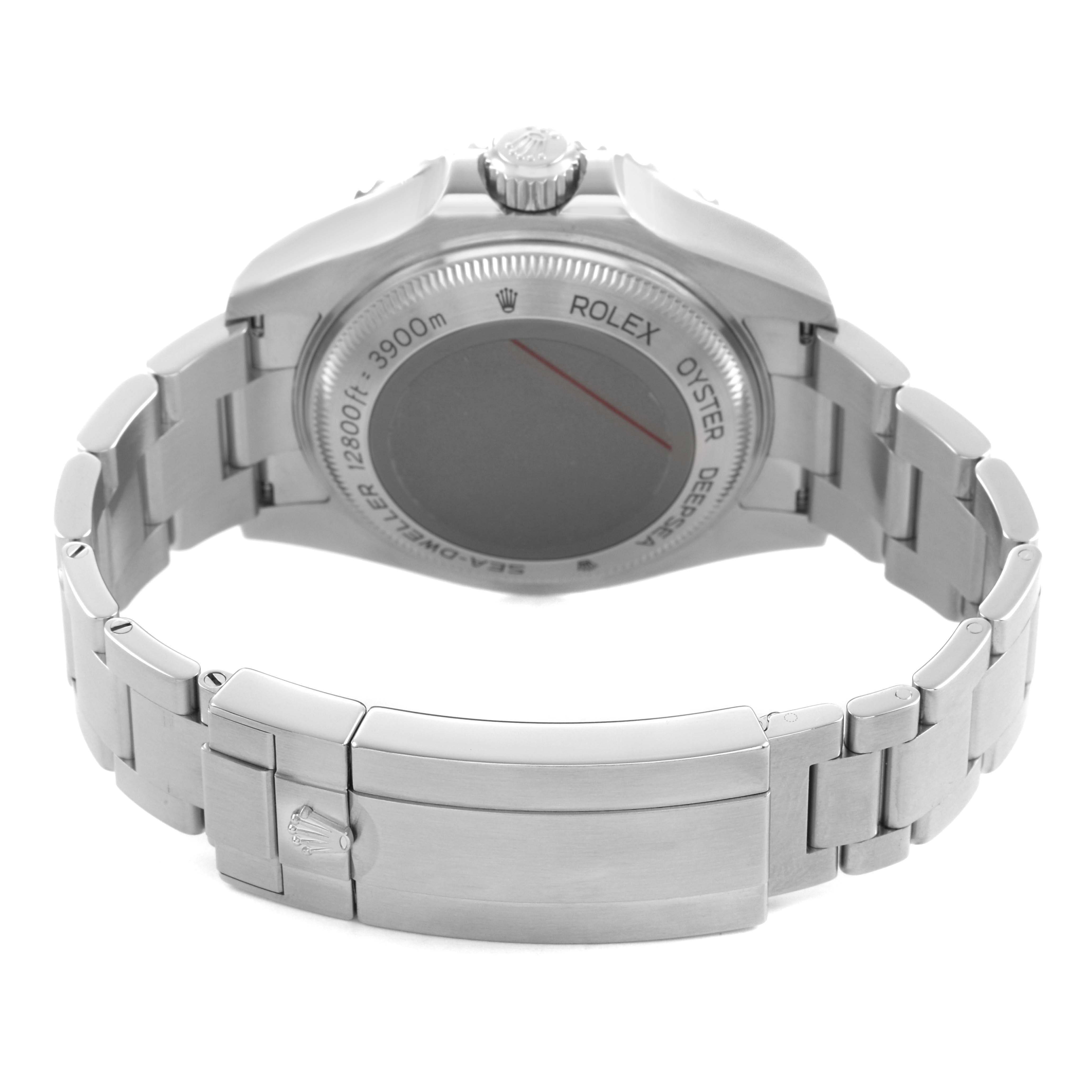 The image shows the back and bracelet of a Rolex Sea-Dweller 126660 Men's Stainless Steel Blue Dial, highlighting the case back engraving and clasp.