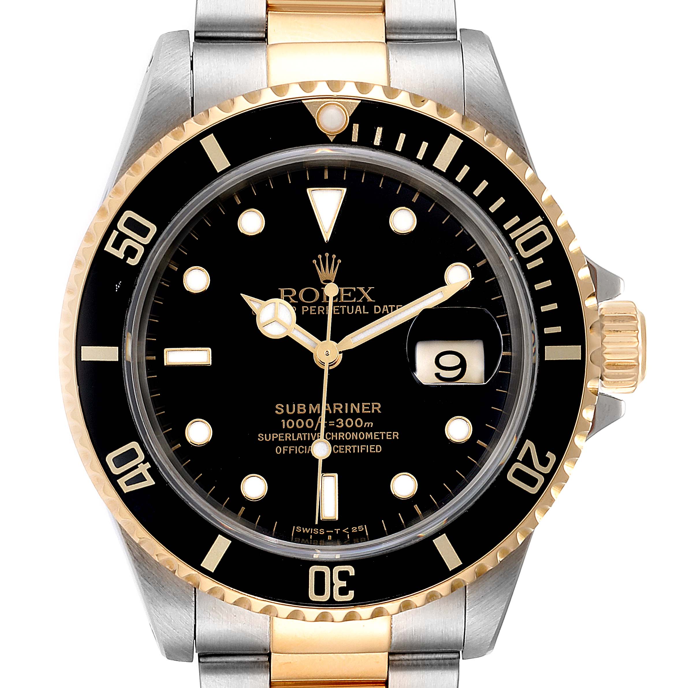 This image shows a front view of a Rolex Submariner 16613 Men
s Steel and Gold (two tone) Black Dial 16613 Men
s Steel and Gold (two tone) Black Dial watch, featuring its bezel, dial, hands, and part of the bracelet.
