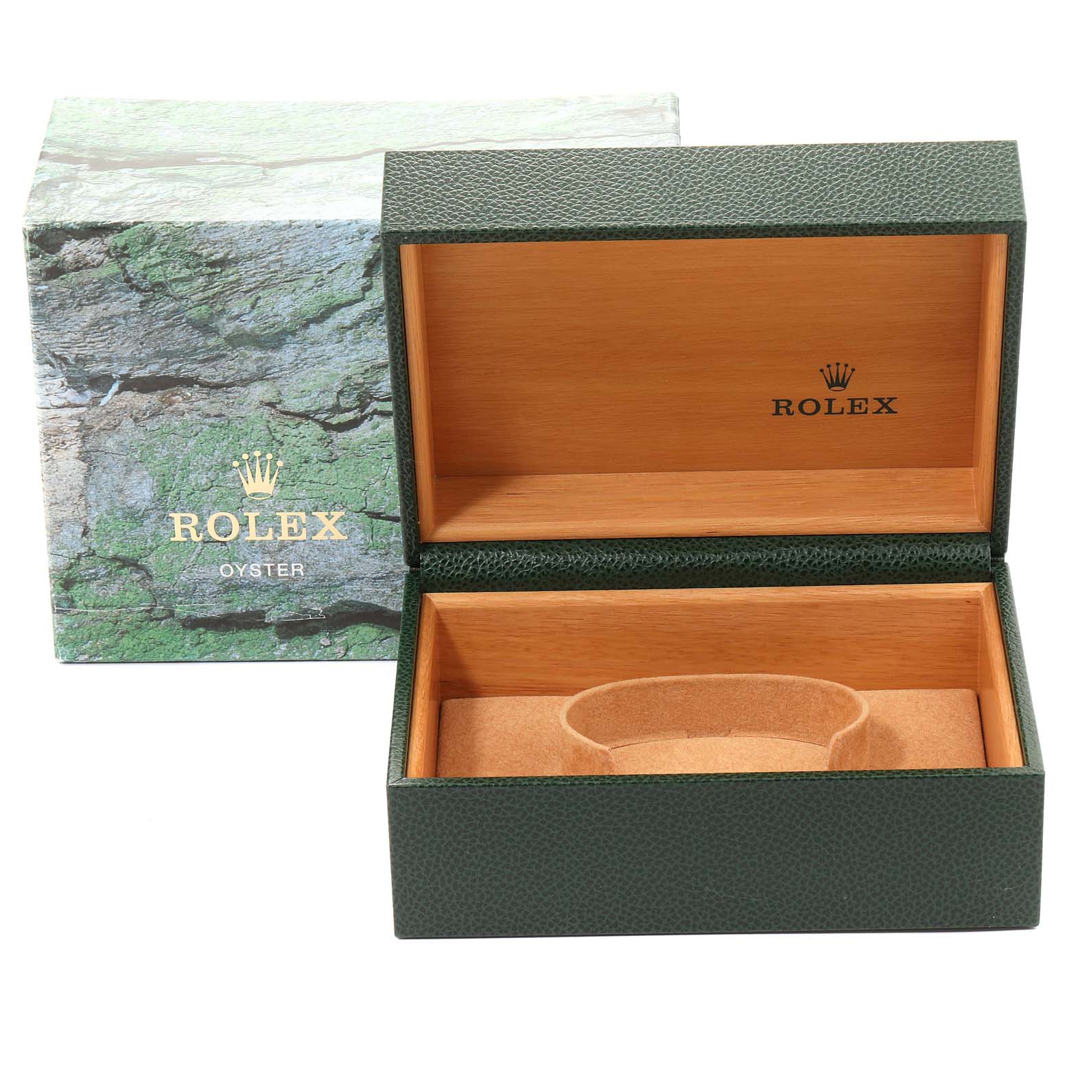 This image shows an open Rolex Submariner 16613 Men
s Steel and Gold (two tone) Black Dial 16613 Men
s Steel and Gold (two tone) Black Dial watch box alongside its green outer packaging, both viewed from the front.