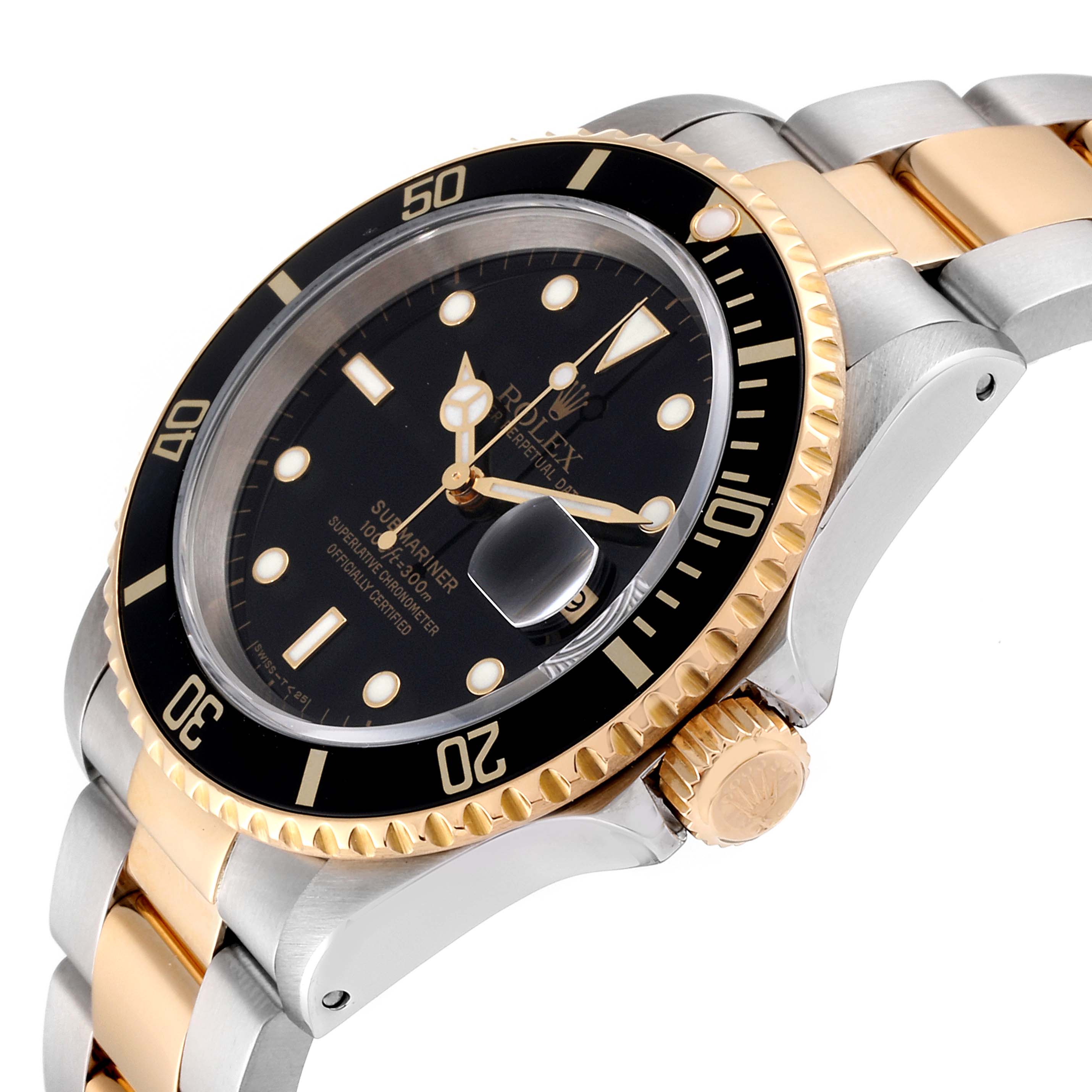 The image shows a side-angle view of the Rolex Submariner 16613 Men
s Steel and Gold (two tone) Black Dial 16613 Men
s Steel and Gold (two tone) Black Dial, highlighting its black bezel, gold crown, and two-tone bracelet.