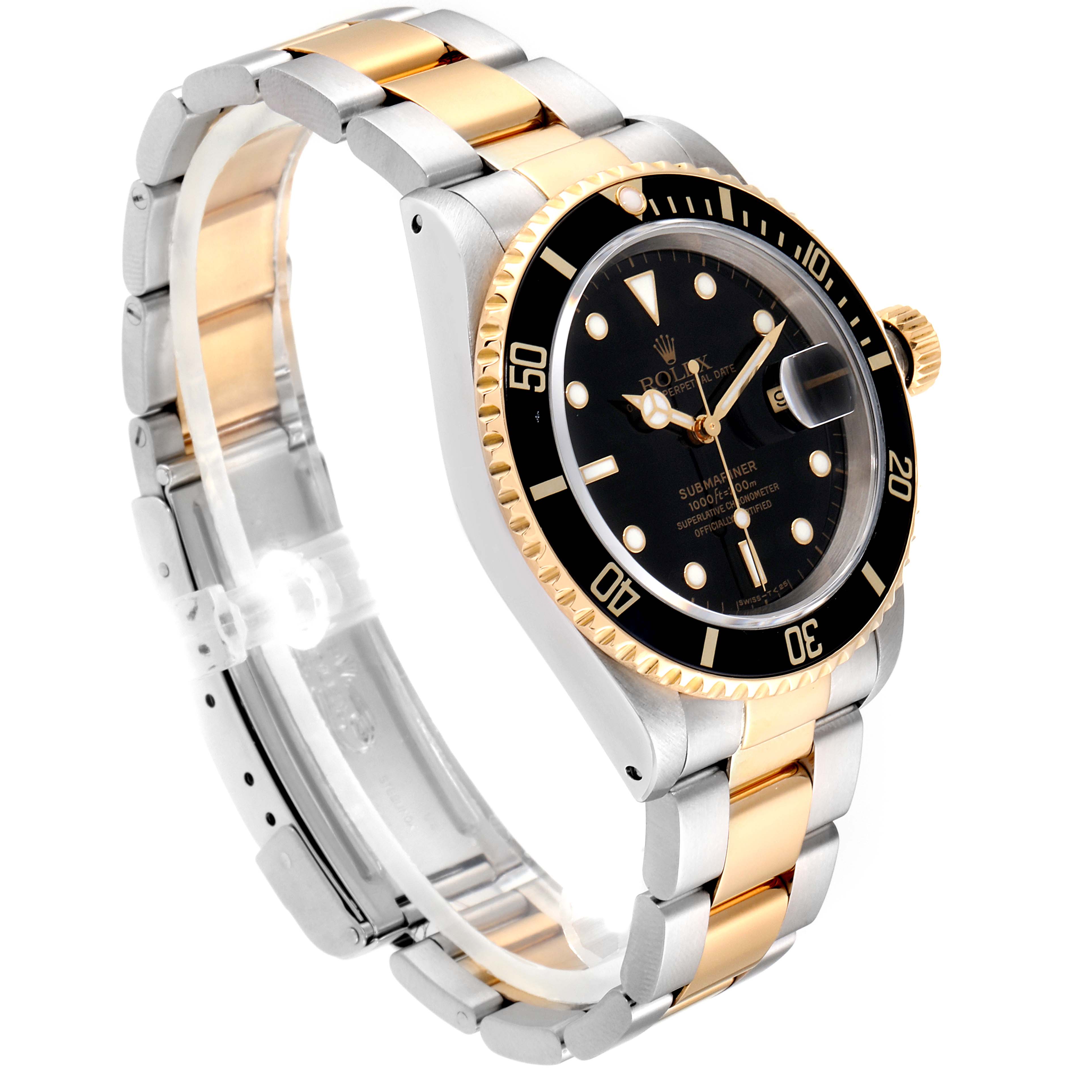 The image shows an angled side view of the Rolex Submariner 16613 Men
s Steel and Gold (two tone) Black Dial 16613 Men
s Steel and Gold (two tone) Black Dial watch, highlighting its two-tone bracelet, bezel, and dial.