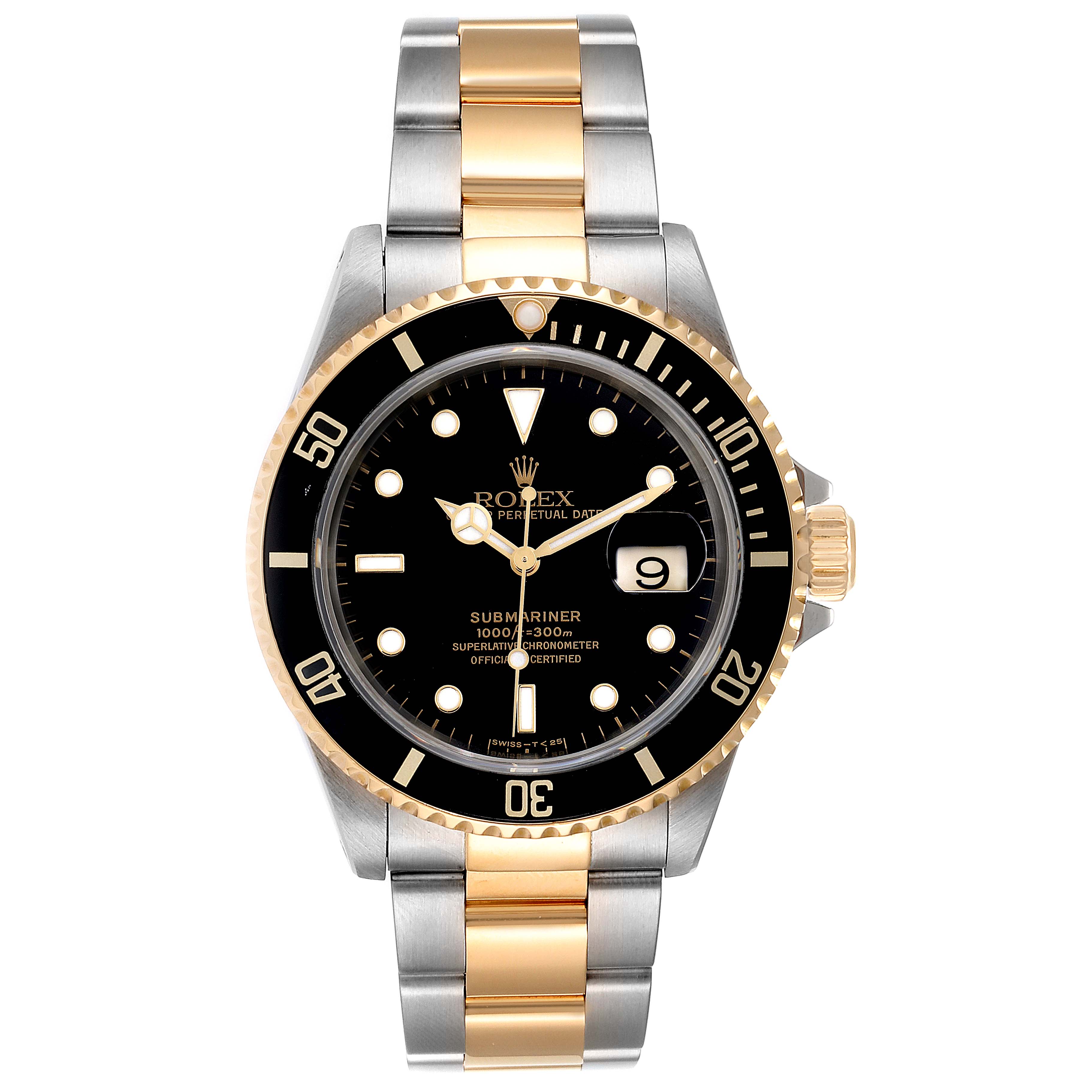 This is a frontal view of a Rolex Submariner 16613 Men
s Steel and Gold (two tone) Black Dial 16613 Men
s Steel and Gold (two tone) Black Dial showing the dial, bezel, and bracelet.