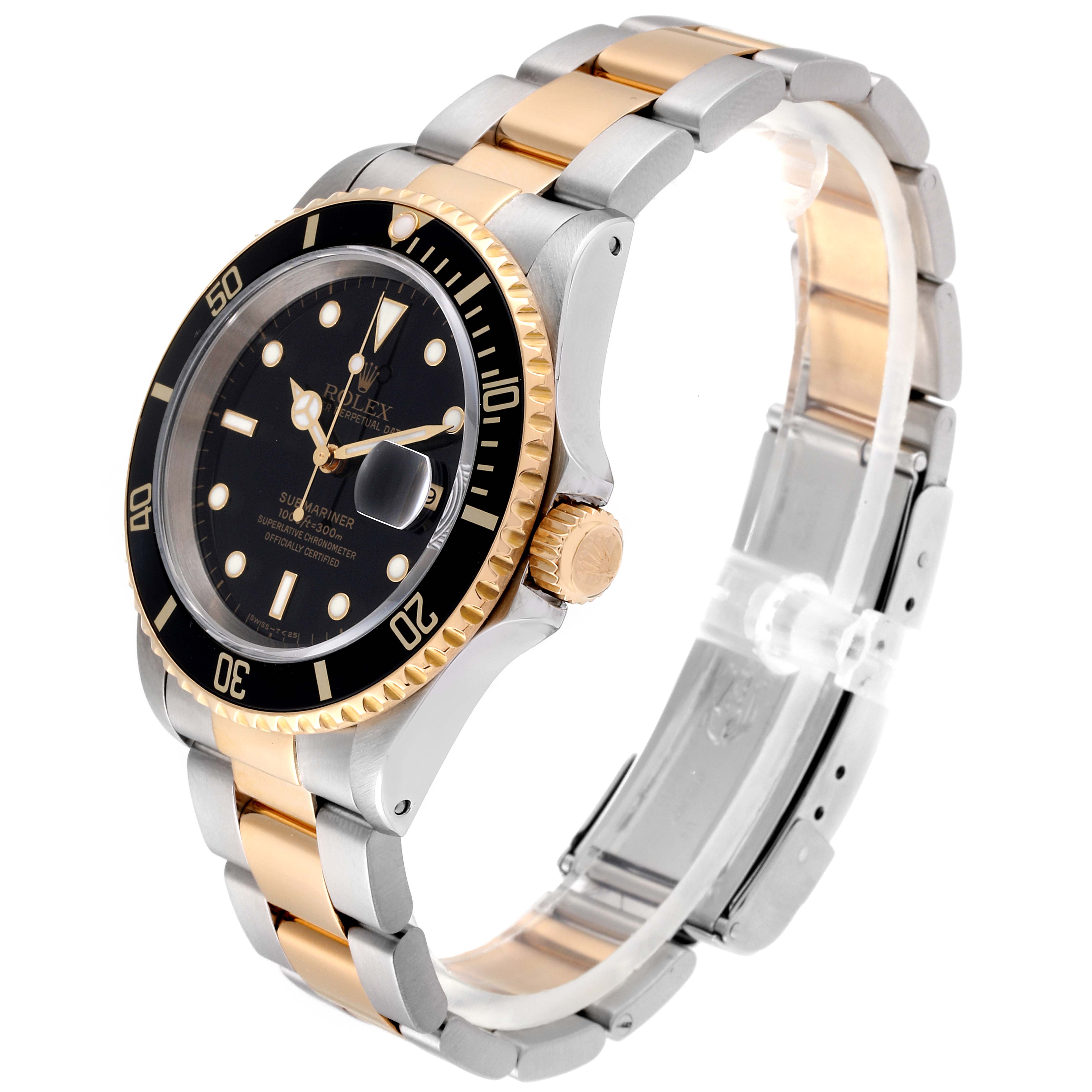 The Rolex Submariner 16613 Men
s Steel and Gold (two tone) Black Dial 16613 Men
s Steel and Gold (two tone) Black Dial watch is shown at an angle highlighting its black dial, bezel, and two-tone bracelet.