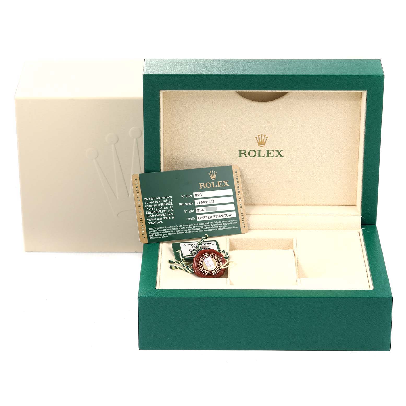 The image shows an open green Rolex box with documentation and tags for the Rolex Submariner 116610LN Men
s Stainless Steel Black Dial 116610LN Men
s Stainless Steel Black Dial watch model.