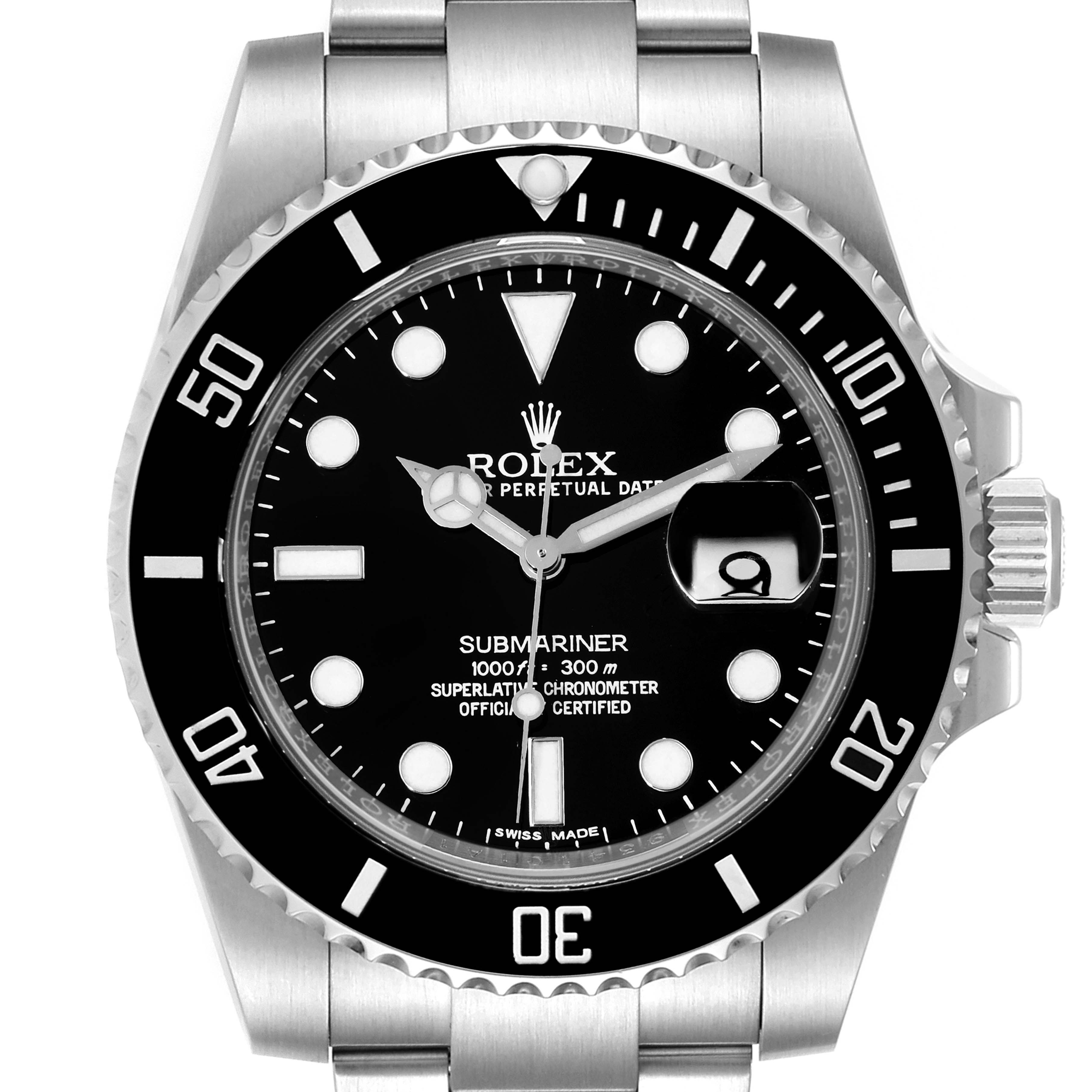 The Rolex Submariner 116610LN Men
s Stainless Steel Black Dial 116610LN Men
s Stainless Steel Black Dial watch is shown from the front, highlighting its dial, bezel, and bracelet.