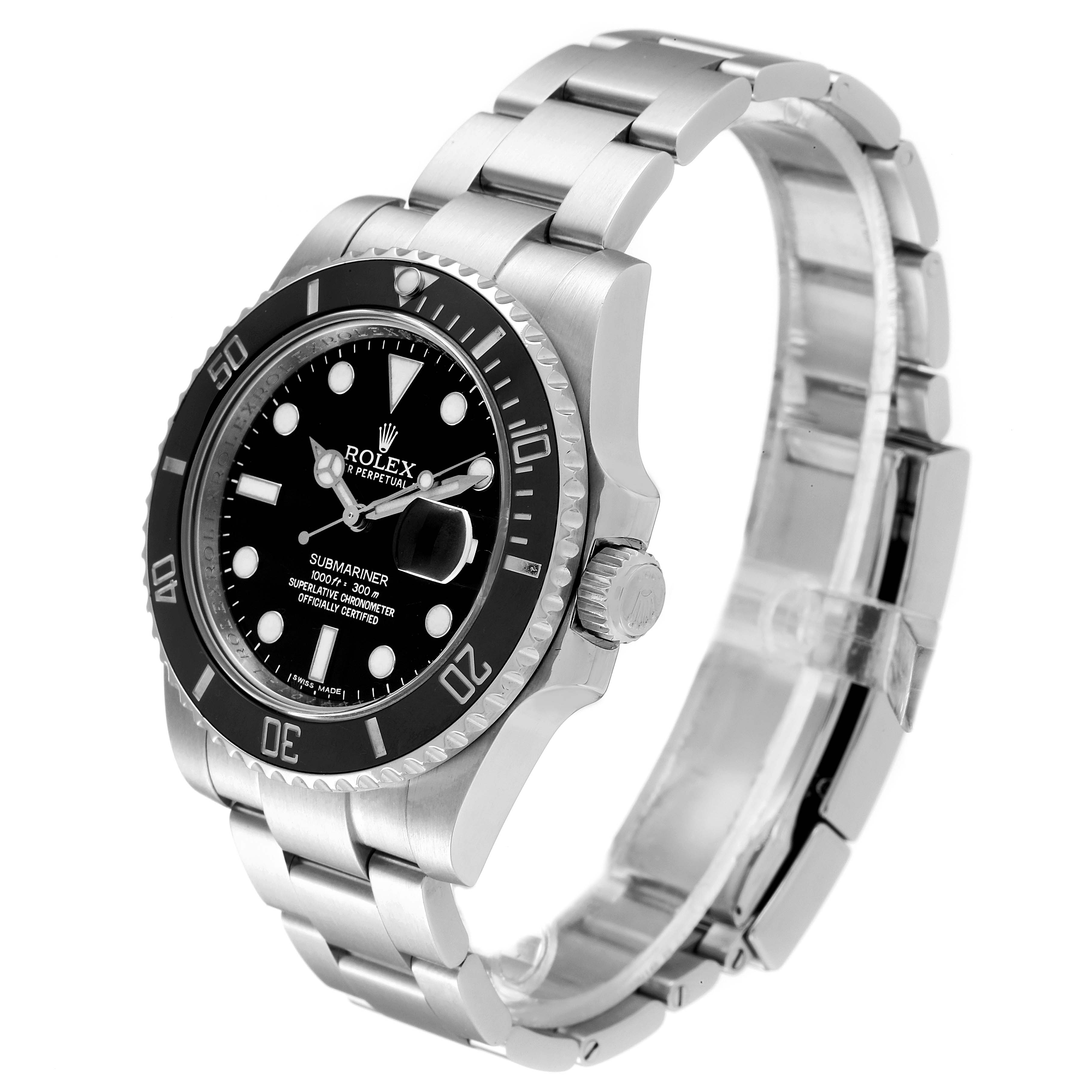 The image shows a Rolex Submariner 116610LN Men
s Stainless Steel Black Dial 116610LN Men
s Stainless Steel Black Dial watch at a three-quarter angle, displaying the bezel, dial, crown, and a portion of the stainless steel bracelet.