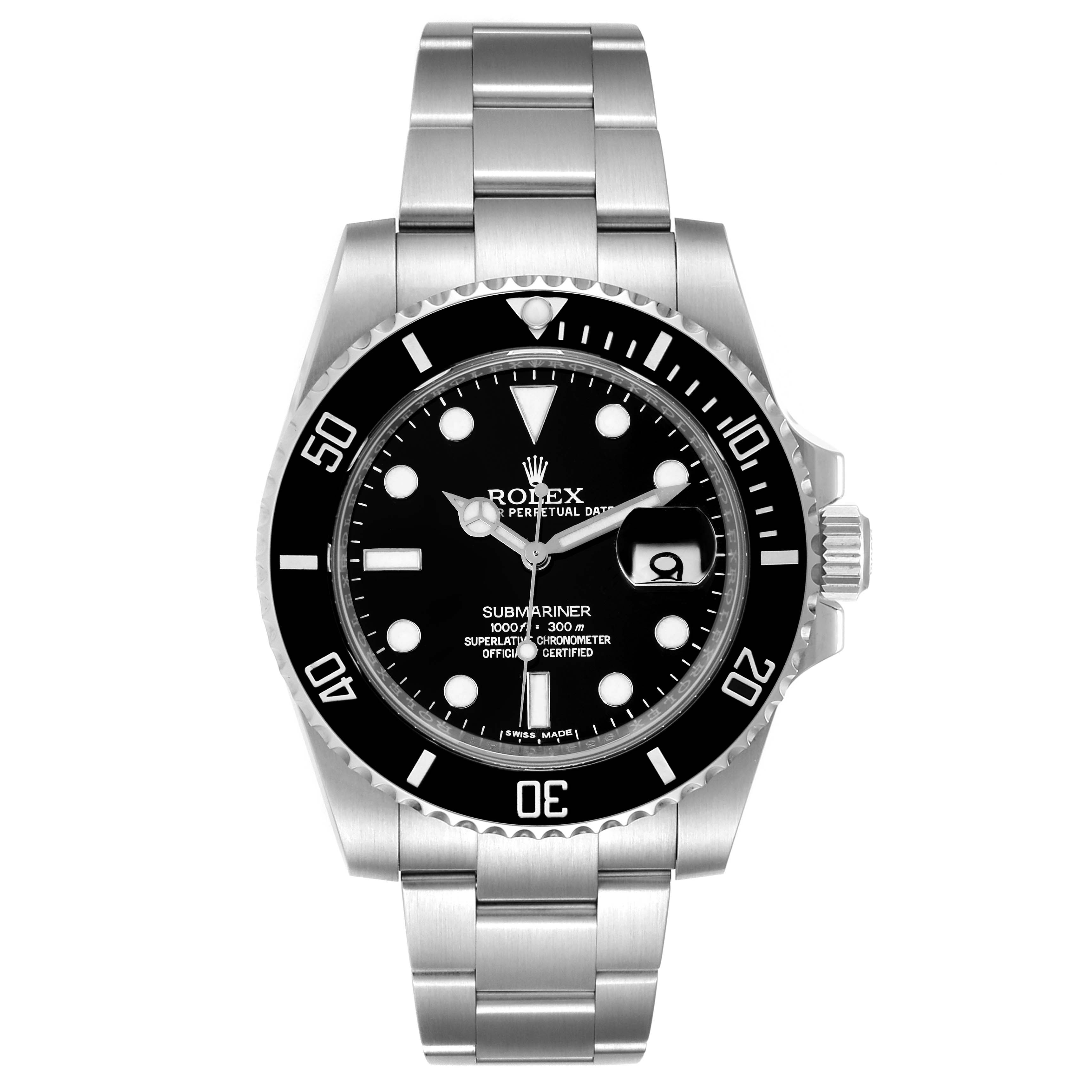The image shows a front view of a Rolex Submariner 116610LN Men
s Stainless Steel Black Dial 116610LN Men
s Stainless Steel Black Dial watch, exhibiting its dial, bezel, and stainless steel bracelet.