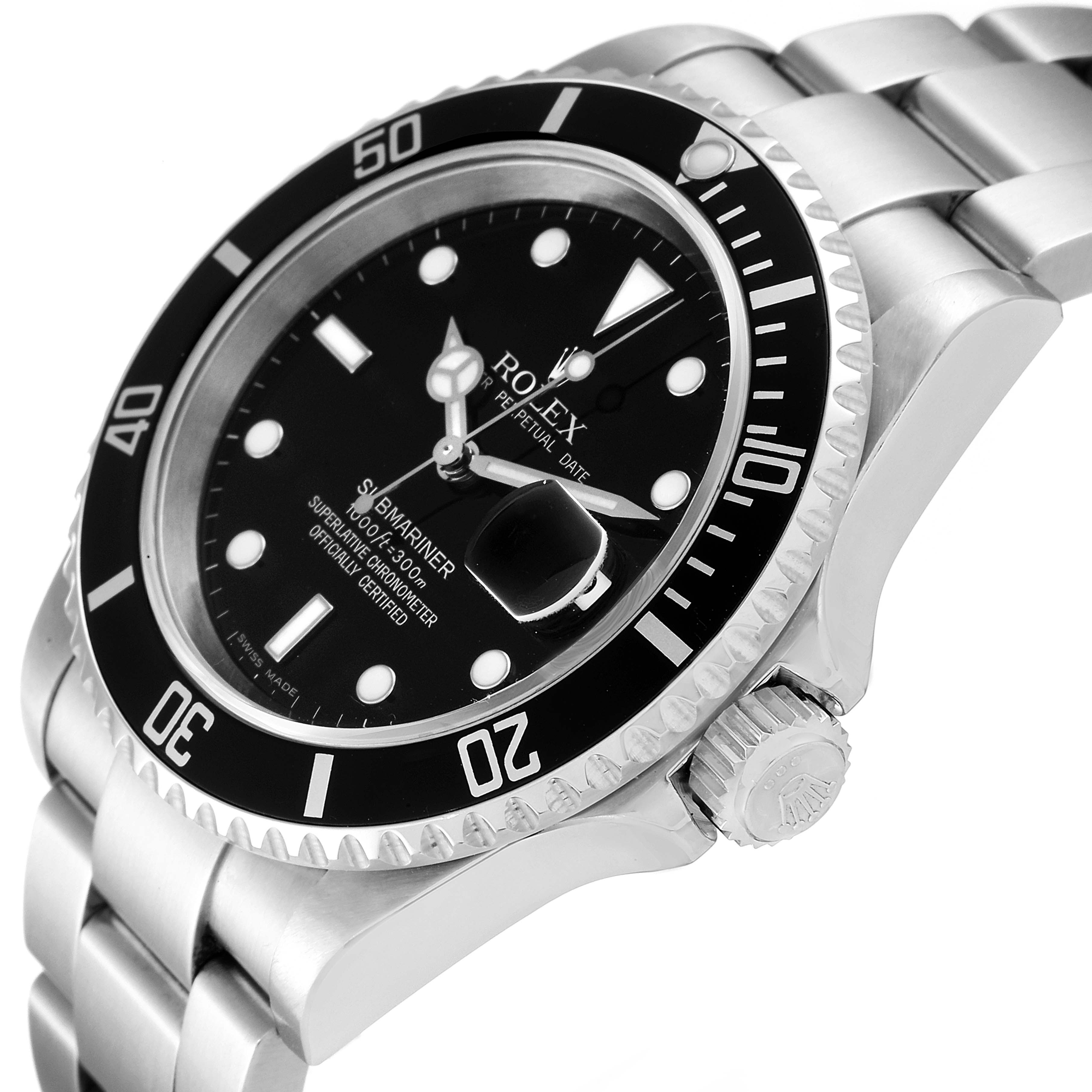 This image shows a close-up angle of the Rolex Submariner 16610 Men
s Stainless Steel Black Dial 16610 Men
s Stainless Steel Black Dial watch, highlighting the bezel, dial, and crown.