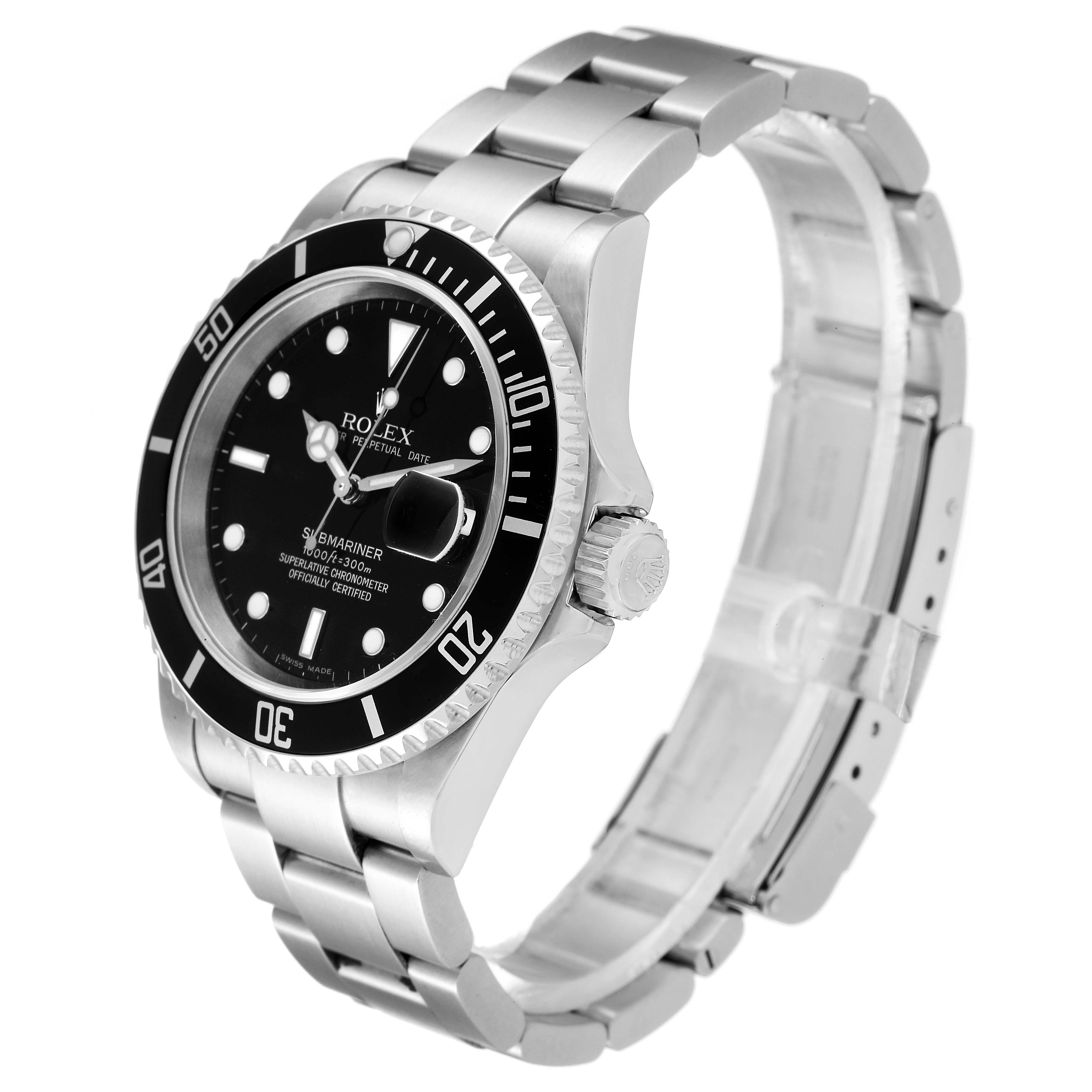 This image shows a Rolex Submariner 16610 Men
s Stainless Steel Black Dial 16610 Men
s Stainless Steel Black Dial watch at a three-quarter angle, highlighting the dial, bezel, and metal bracelet.