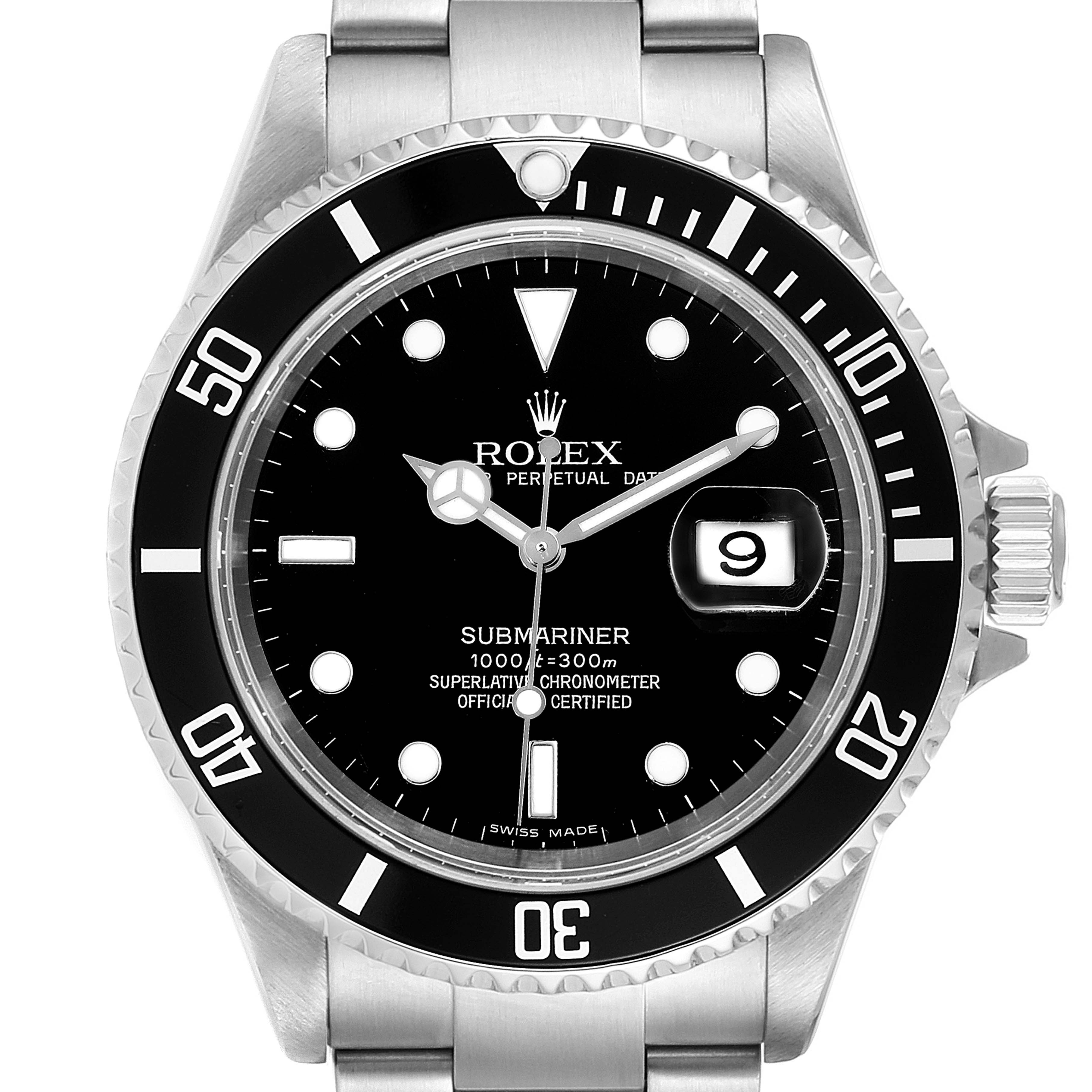 The image shows a front view of the Rolex Submariner 16610 Men
s Stainless Steel Black Dial 16610 Men
s Stainless Steel Black Dial watch, highlighting the dial, bezel, hands, and date window.