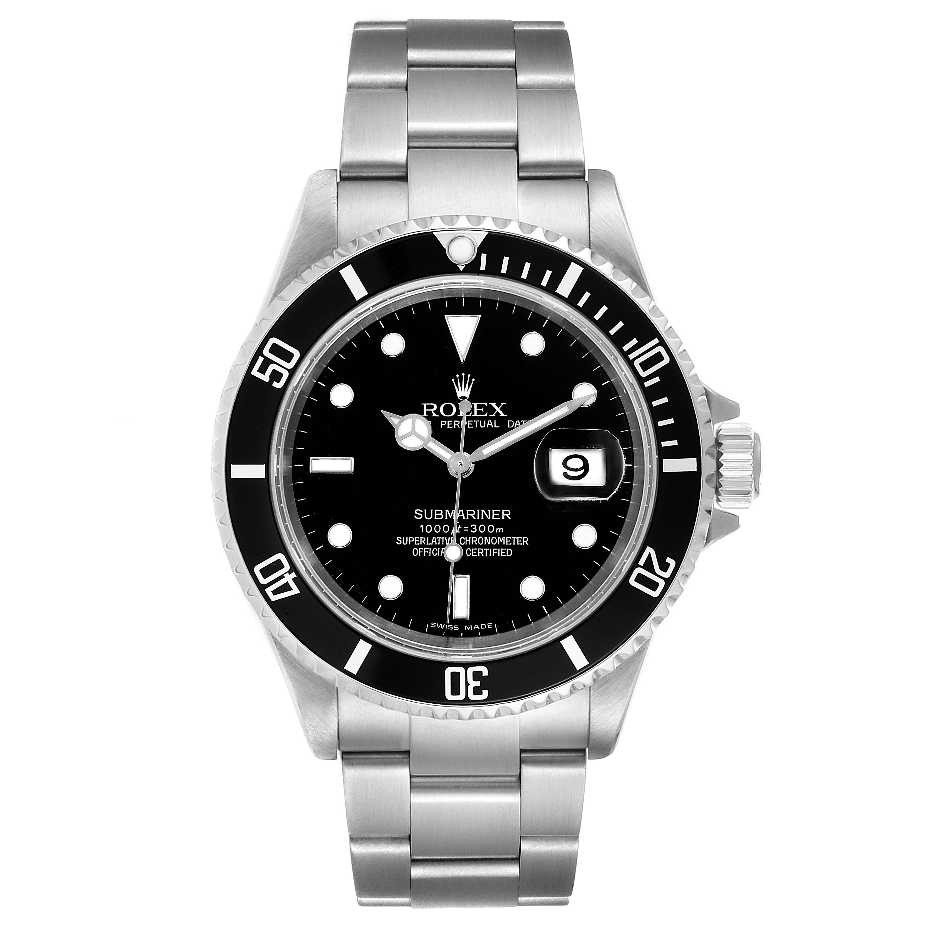 The Rolex Submariner 16610 Men
s Stainless Steel Black Dial 16610 Men
s Stainless Steel Black Dial watch is shown from a front angle, displaying the dial, bezel, bracelet, and date window.