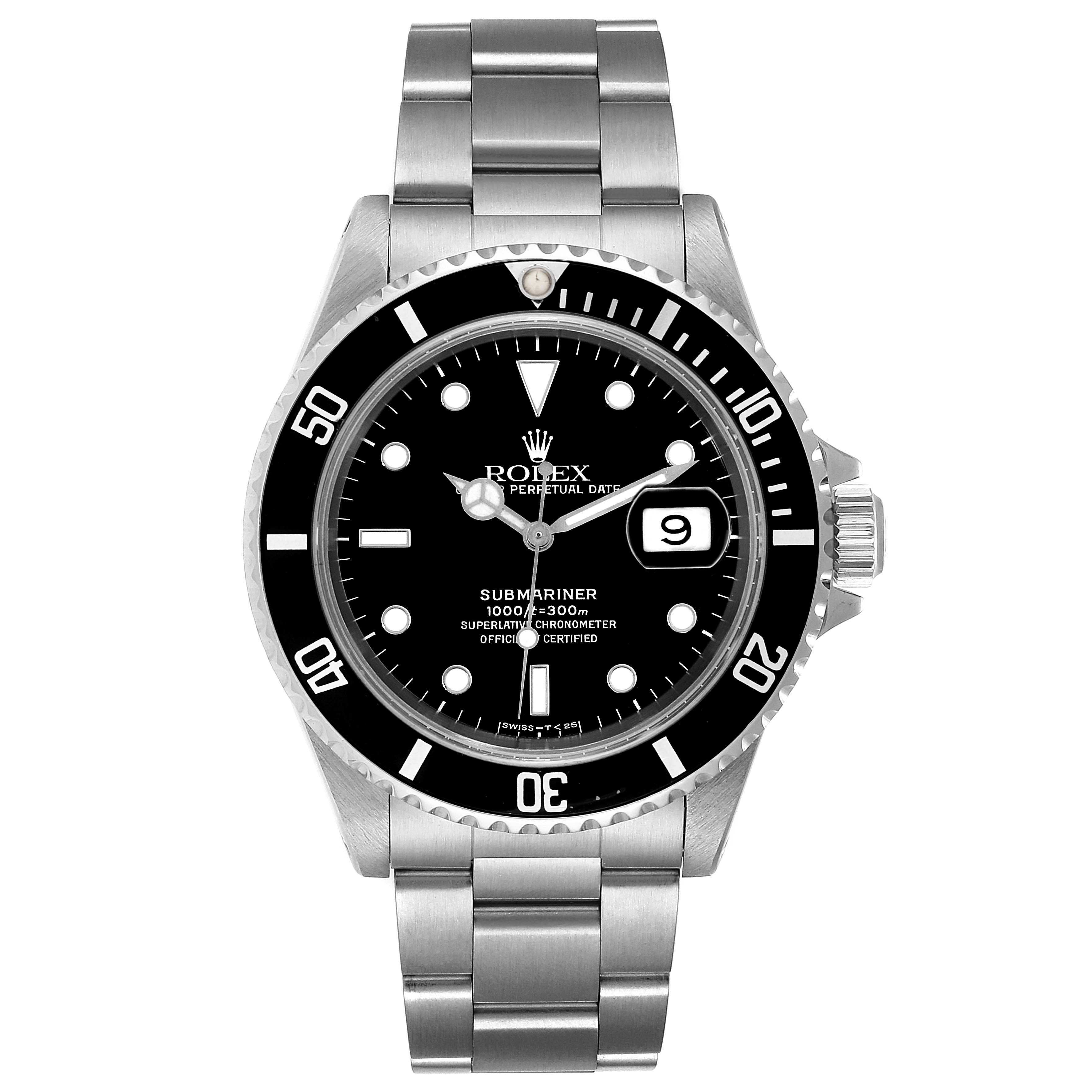 The image shows a front view of a Rolex Submariner 16610 Men
s Stainless Steel Black Dial 16610 Men
s Stainless Steel Black Dial watch, highlighting its dial, bezel, and bracelet.