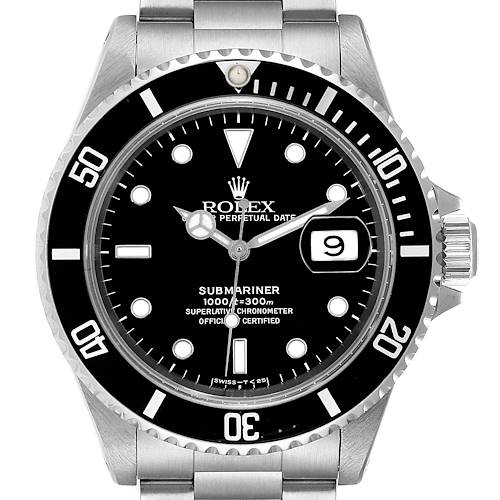 This image shows a front view of a Rolex Submariner watch, highlighting the dial, bezel, and bracelet.