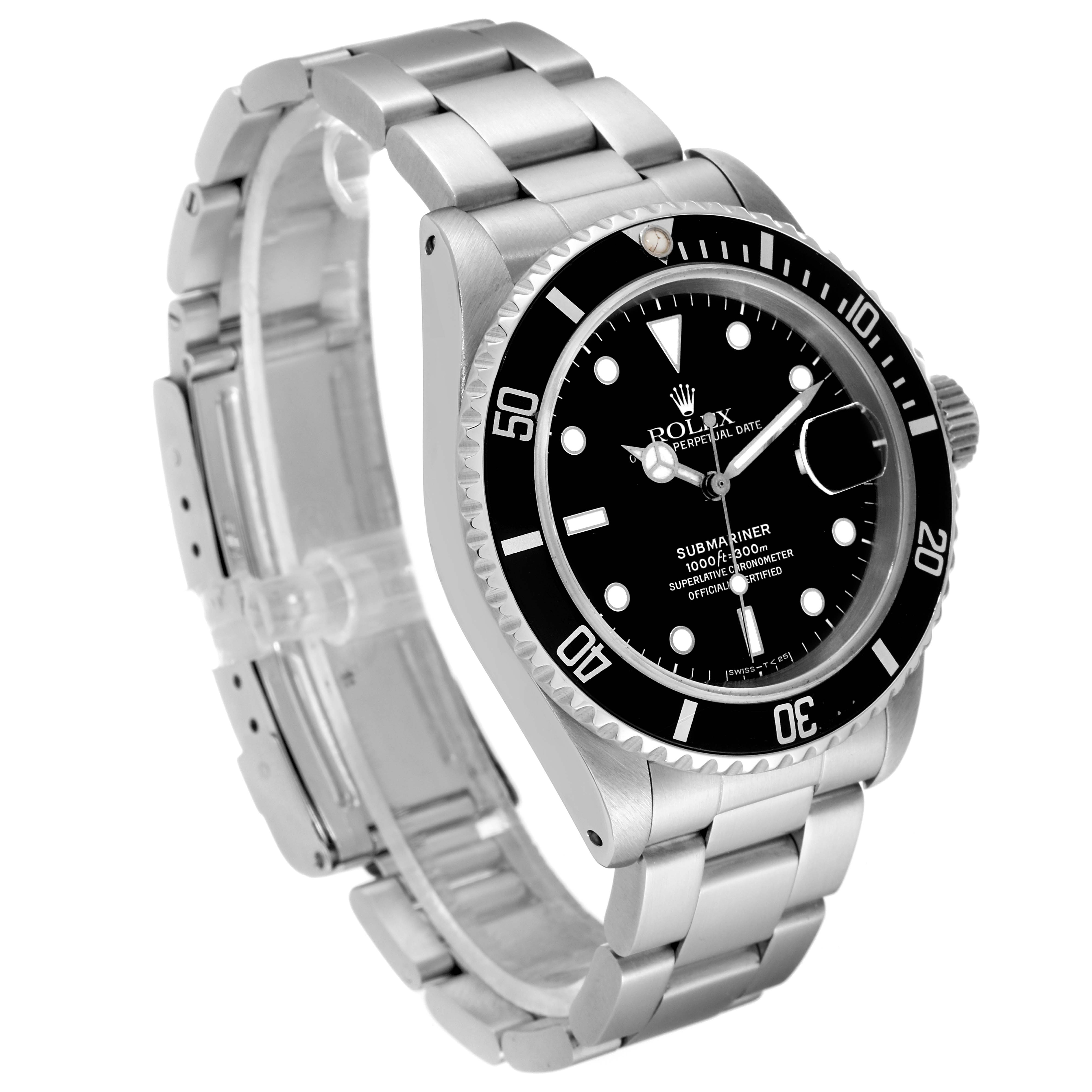 The image shows a side and front angle of the Rolex Submariner 16610 Men
s Stainless Steel Black Dial 16610 Men
s Stainless Steel Black Dial watch, highlighting its bezel, dial, crown, and stainless steel bracelet.