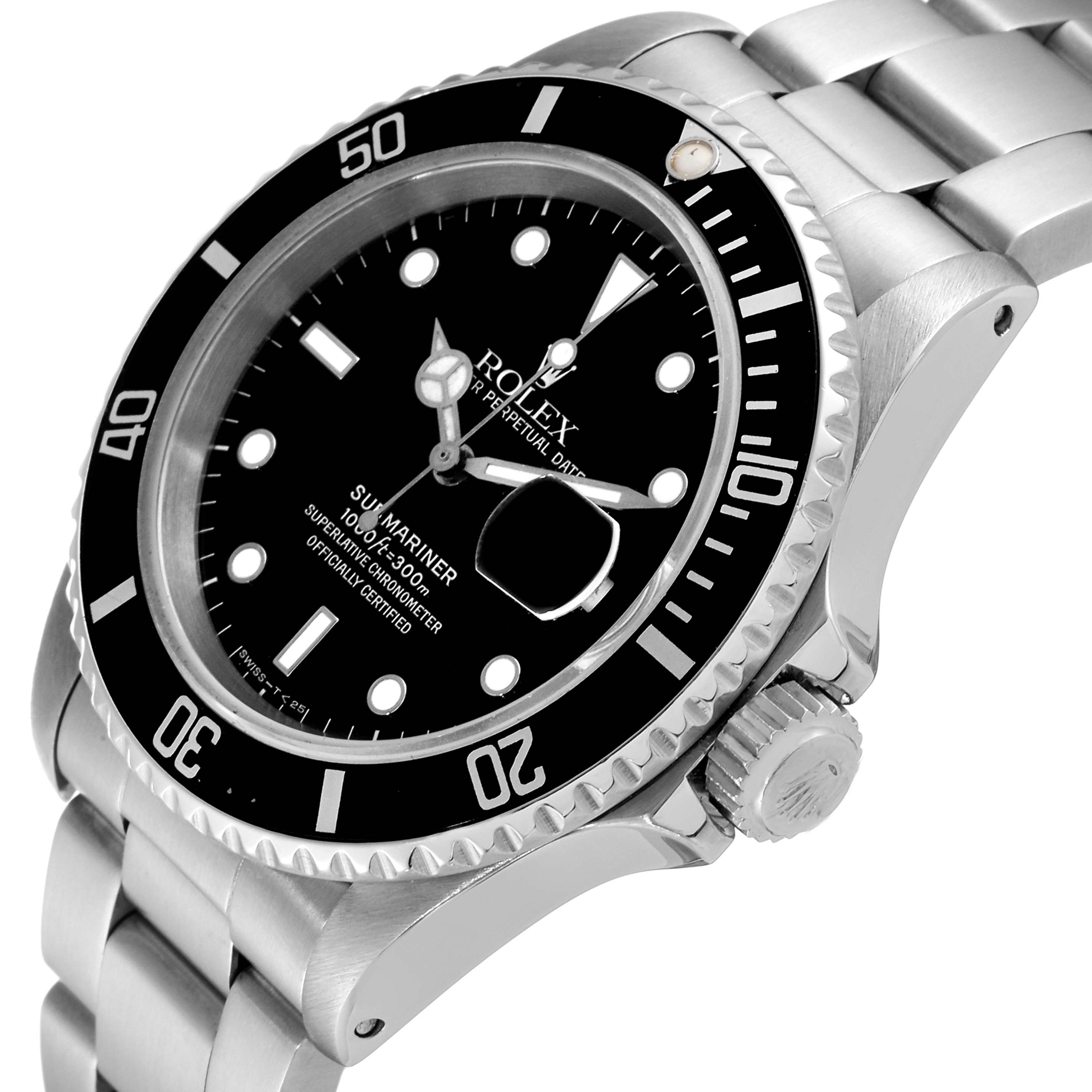 This image shows a Rolex Submariner 16610 Men
s Stainless Steel Black Dial 16610 Men
s Stainless Steel Black Dial watch at an angle highlighting the face, bezel, crown, and part of the bracelet.