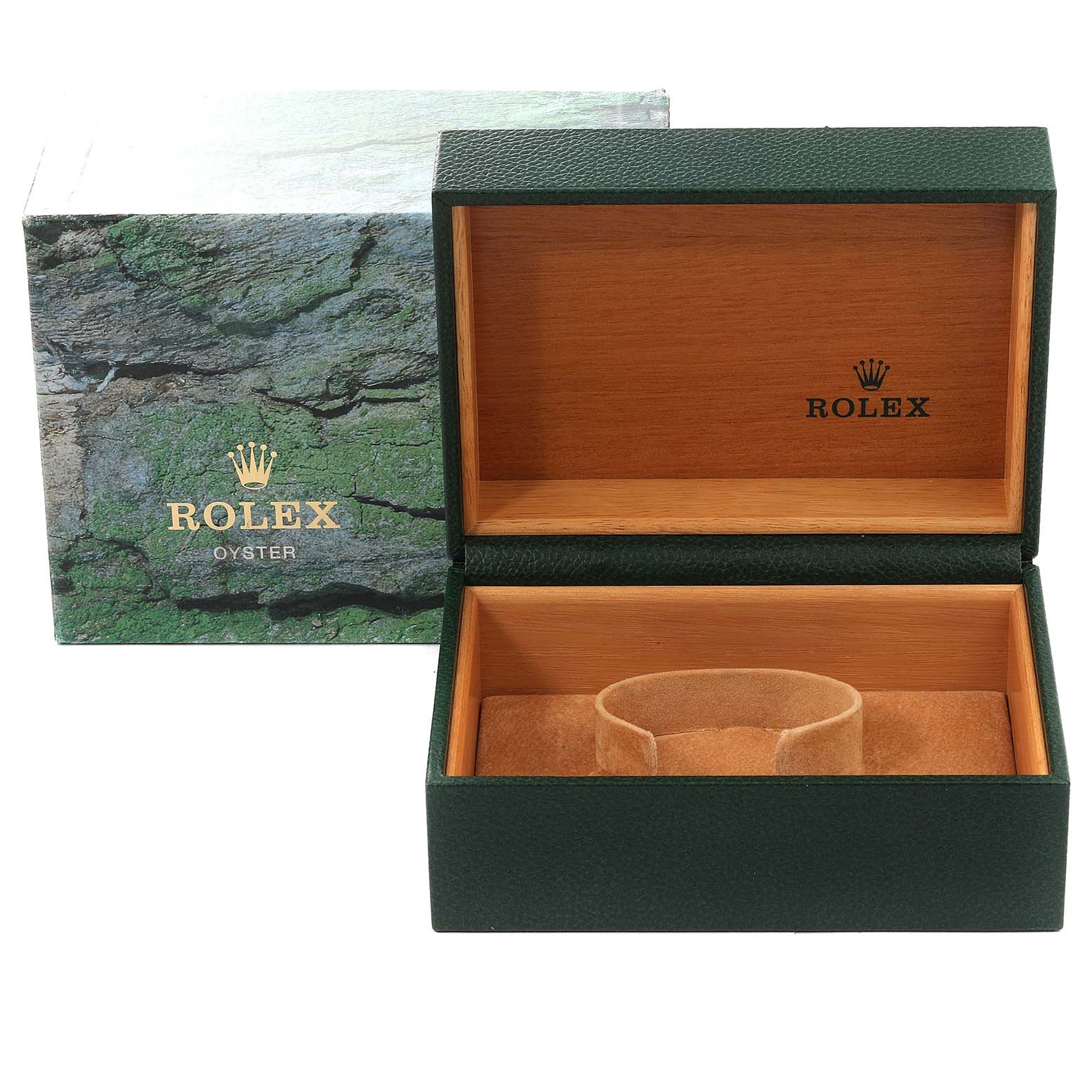 This image shows an open Rolex Submariner 16610 Men
s Stainless Steel Black Dial 16610 Men
s Stainless Steel Black Dial watch box with a protective cover beside it.