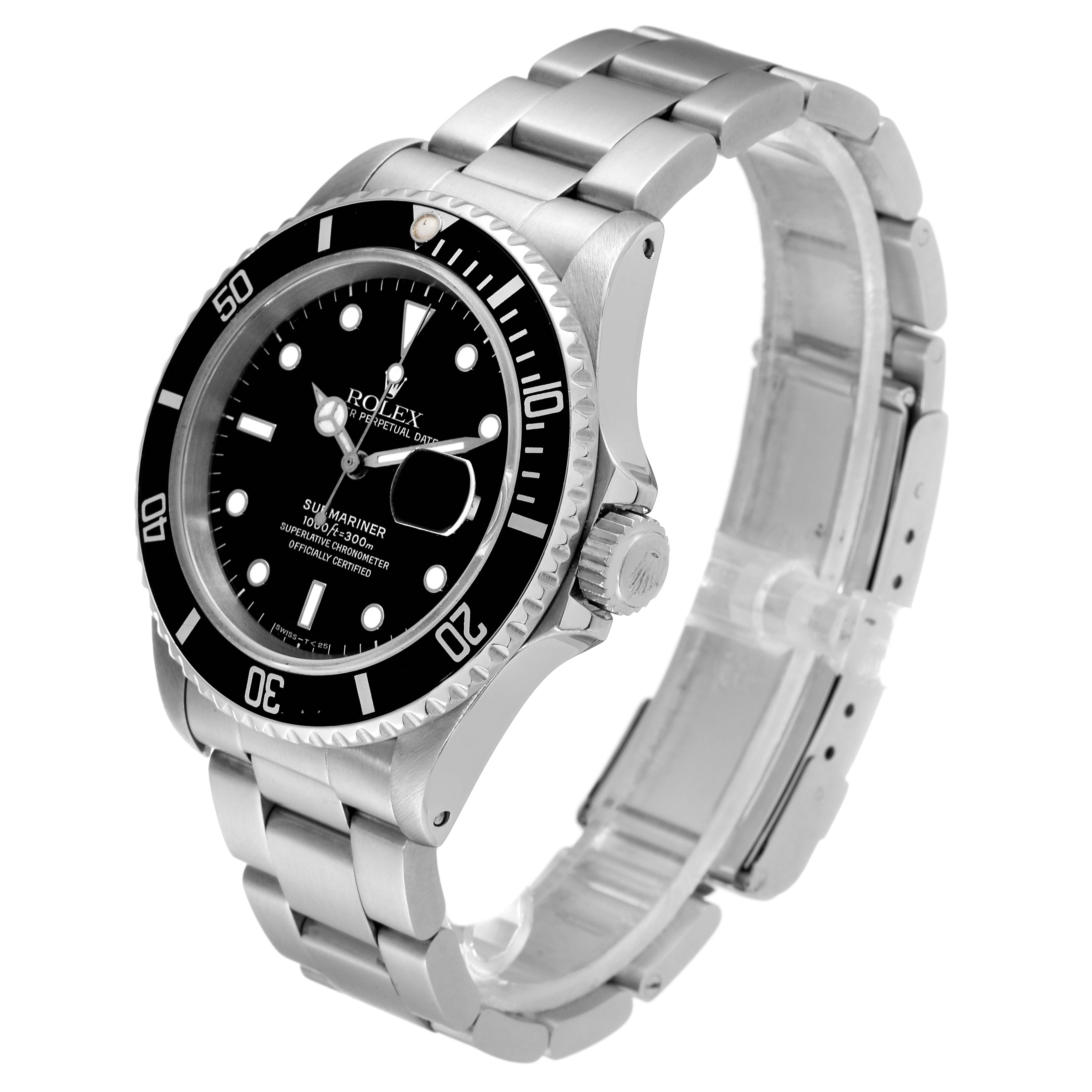 The image shows a Rolex Submariner 16610 Men
s Stainless Steel Black Dial 16610 Men
s Stainless Steel Black Dial watch at a three-quarter angle, displaying its face, bezel, and bracelet.