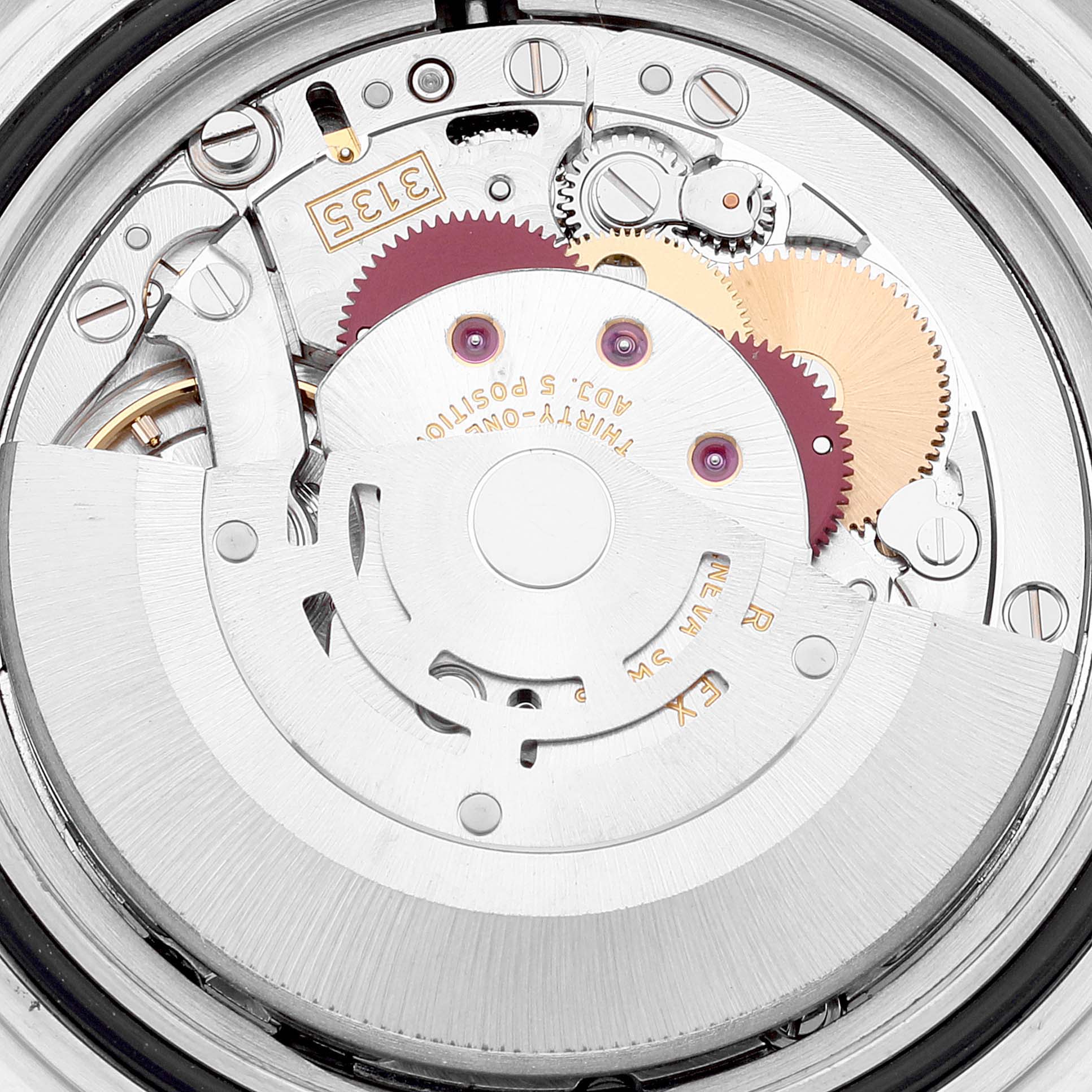This image shows a close-up view of the movement inside a Rolex Submariner 16610 Men
s Stainless Steel Black Dial 16610 Men
s Stainless Steel Black Dial watch, highlighting its gears and mechanisms.