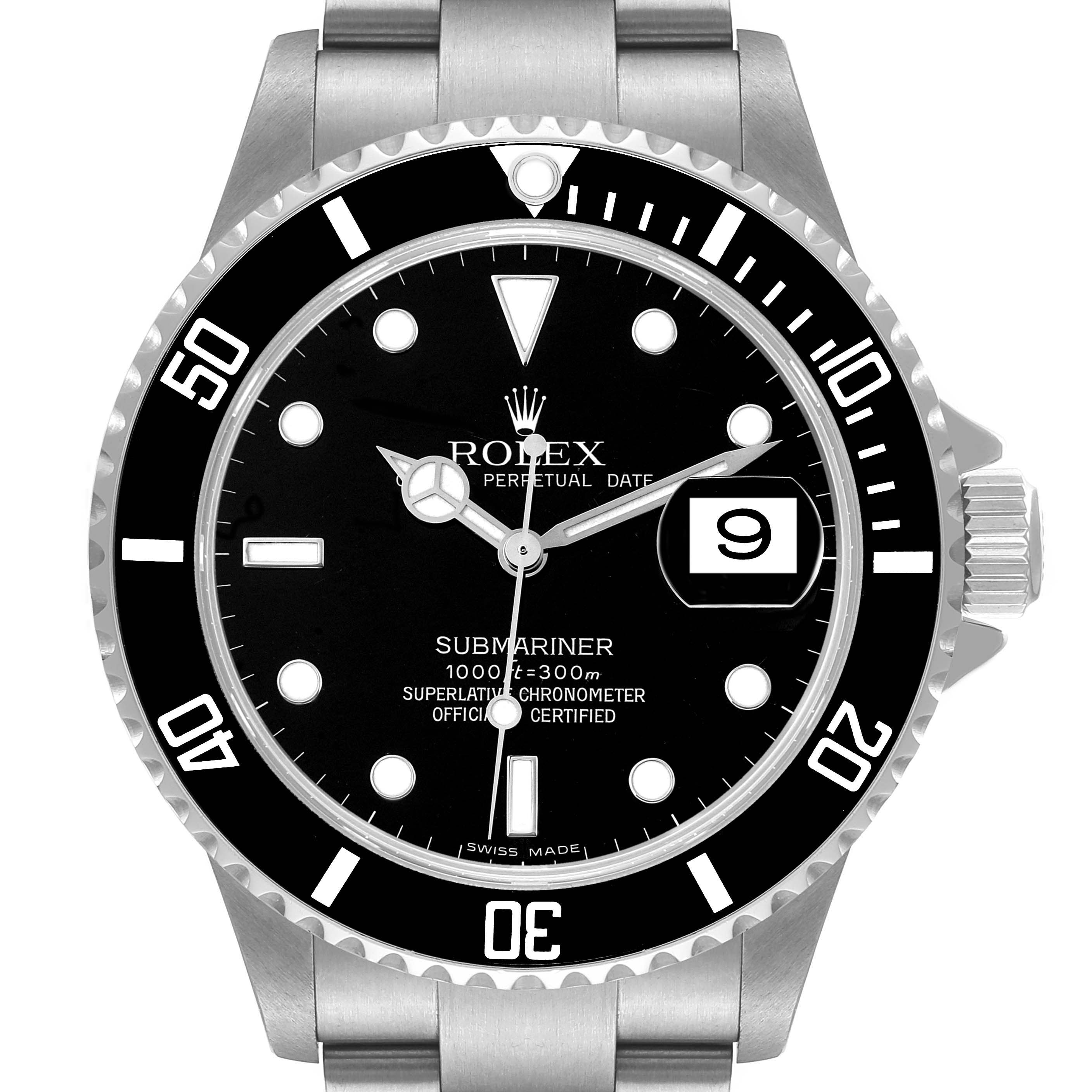 This image shows a front view of the Rolex Submariner 16610 Men
s Stainless Steel Black Dial 16610 Men
s Stainless Steel Black Dial watch, highlighting its face, bezel, and part of the stainless steel bracelet.