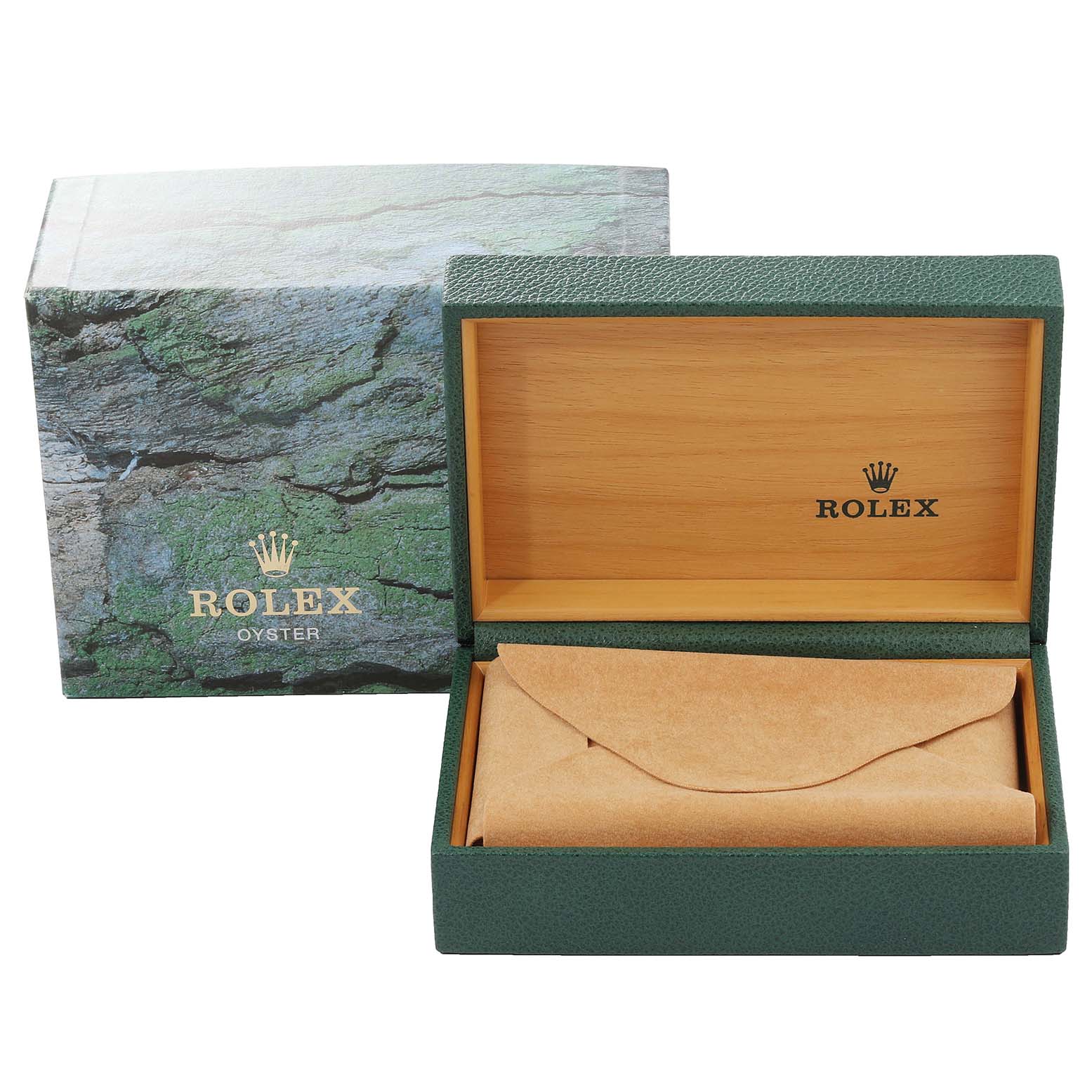 The image shows a Rolex Submariner 16610 Men
s Stainless Steel Black Dial 16610 Men
s Stainless Steel Black Dial box and packaging from a frontal angle with the inner box open.