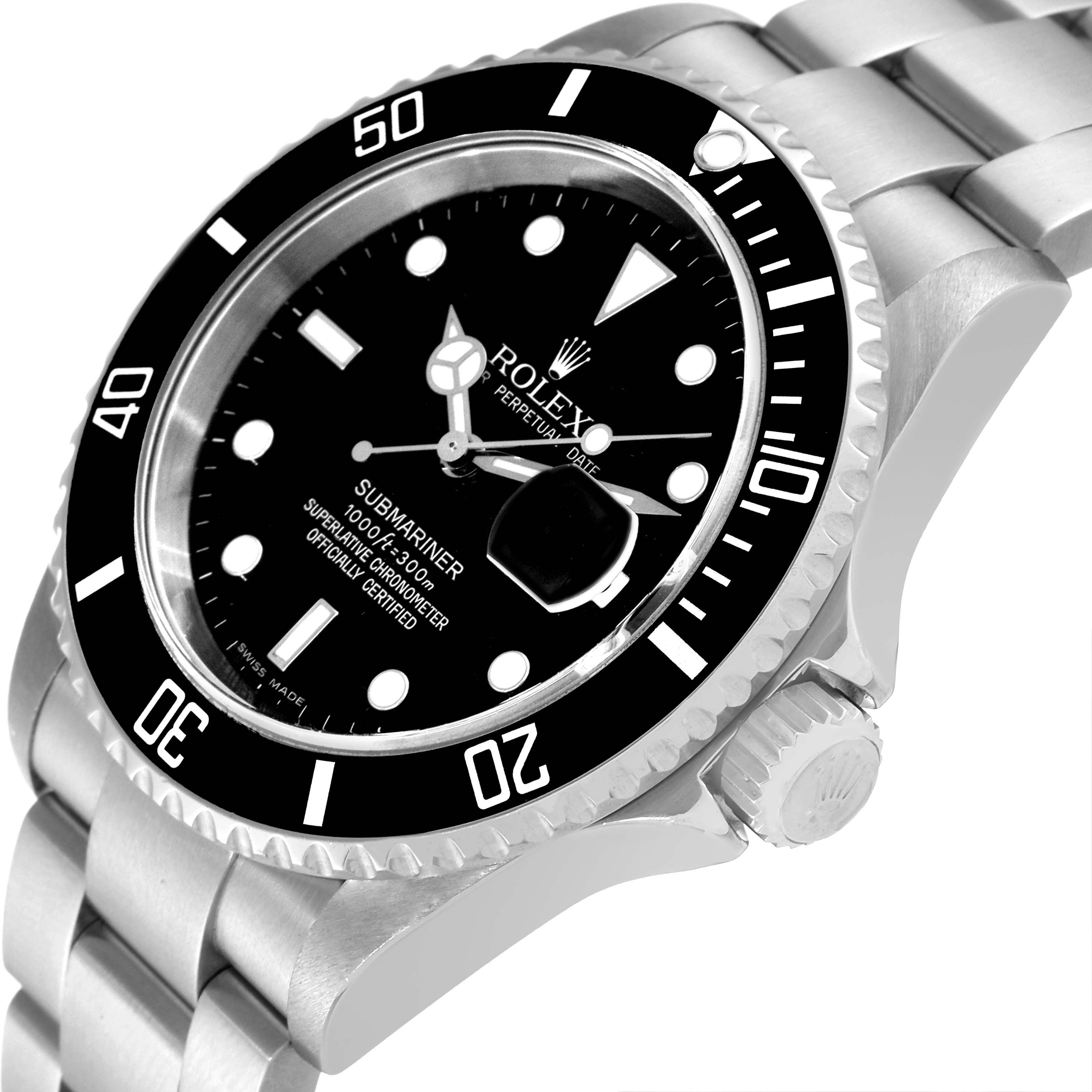 The image shows a Rolex Submariner 16610 Men
s Stainless Steel Black Dial 16610 Men
s Stainless Steel Black Dial watch angled to highlight the face and part of the metal bracelet.