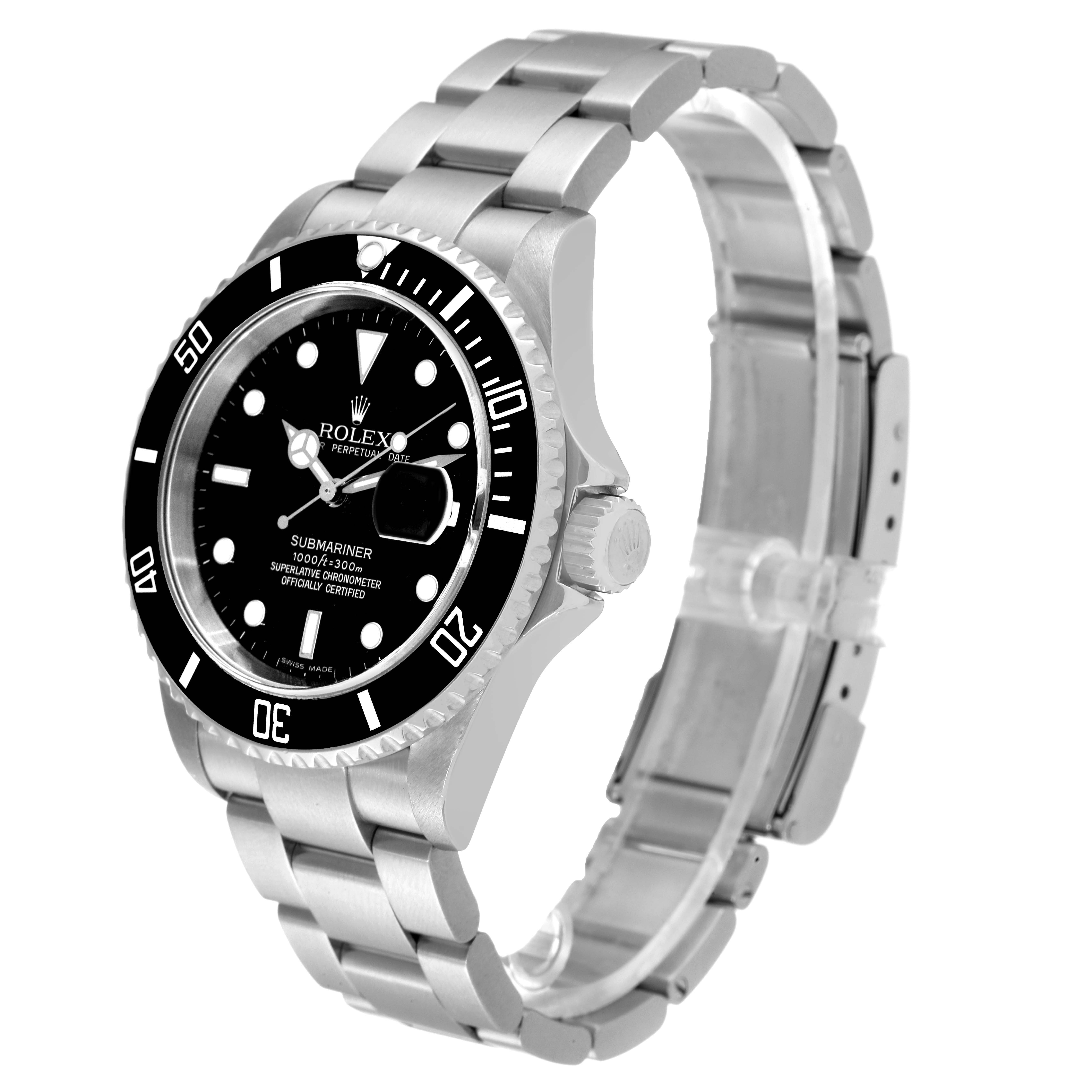 The image shows a Rolex Submariner 16610 Men
s Stainless Steel Black Dial 16610 Men
s Stainless Steel Black Dial watch at a slight angle, highlighting the watch face, bezel, crown, and metal bracelet.