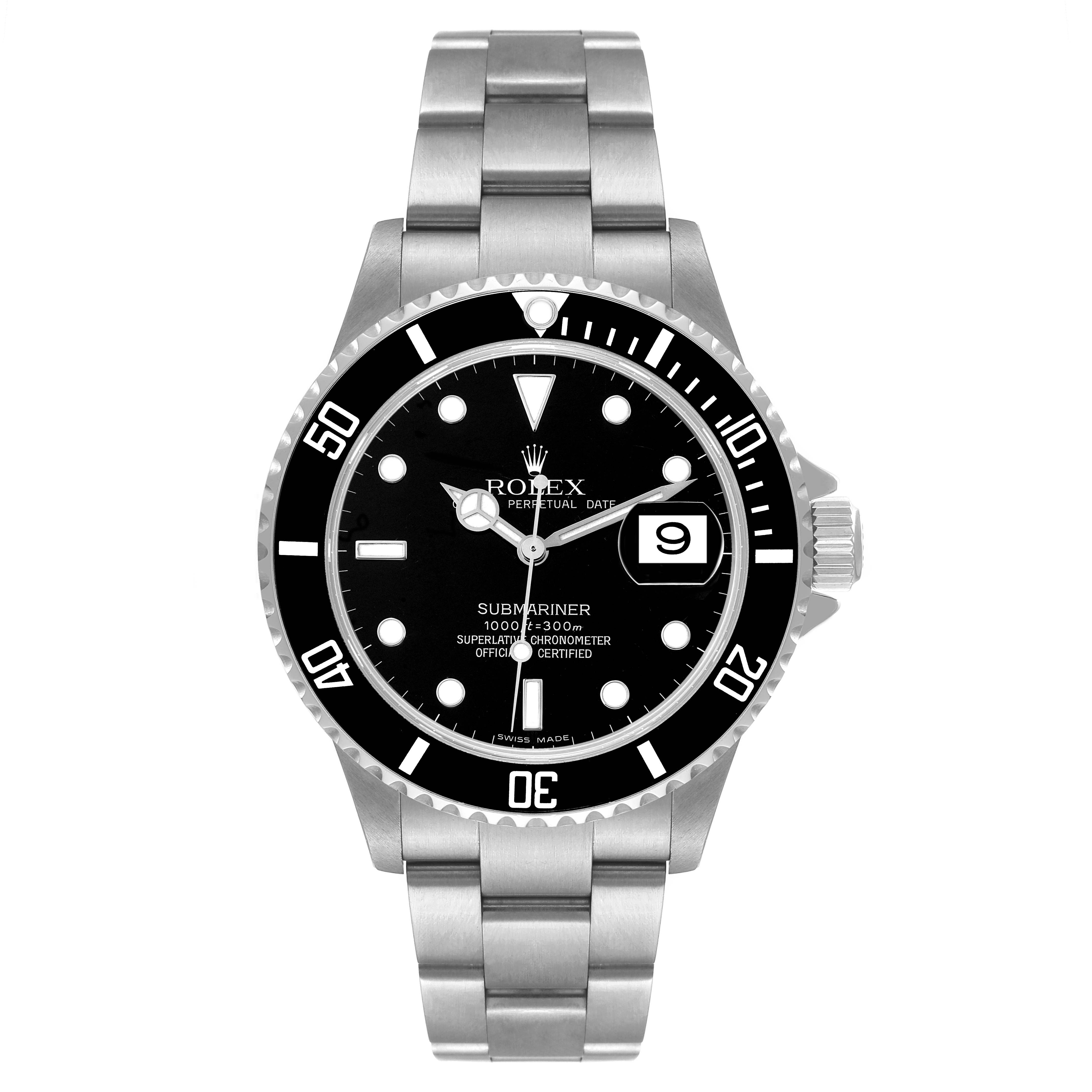 The image shows a front view of a Rolex Submariner 16610 Men
s Stainless Steel Black Dial 16610 Men
s Stainless Steel Black Dial watch, displaying the face, bezel, and bracelet.