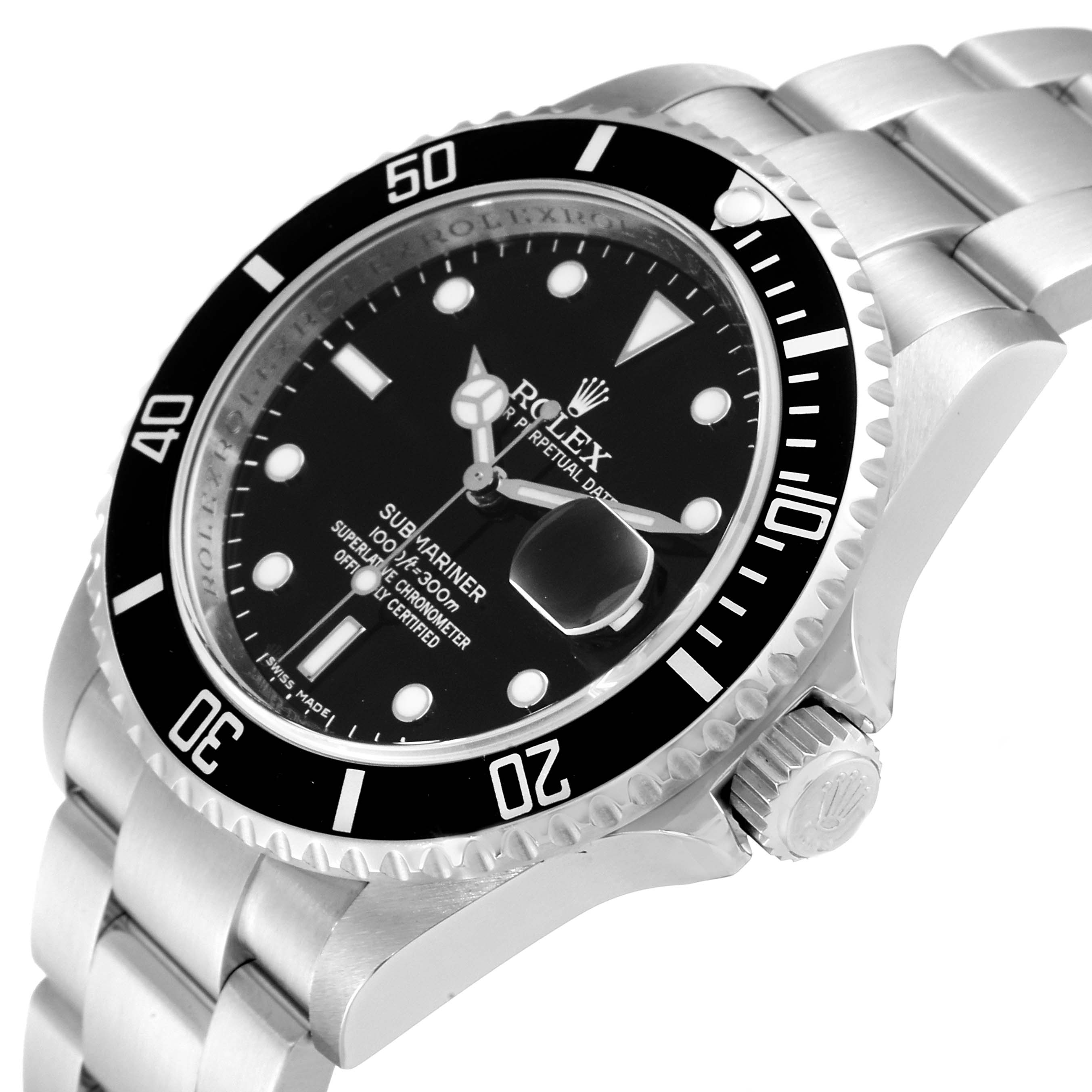 This image shows a Rolex Submariner 16610 Men
s Stainless Steel Black Dial 16610 Men
s Stainless Steel Black Dial watch angled from the right, highlighting the bezel, dial, crown, and part of the bracelet.