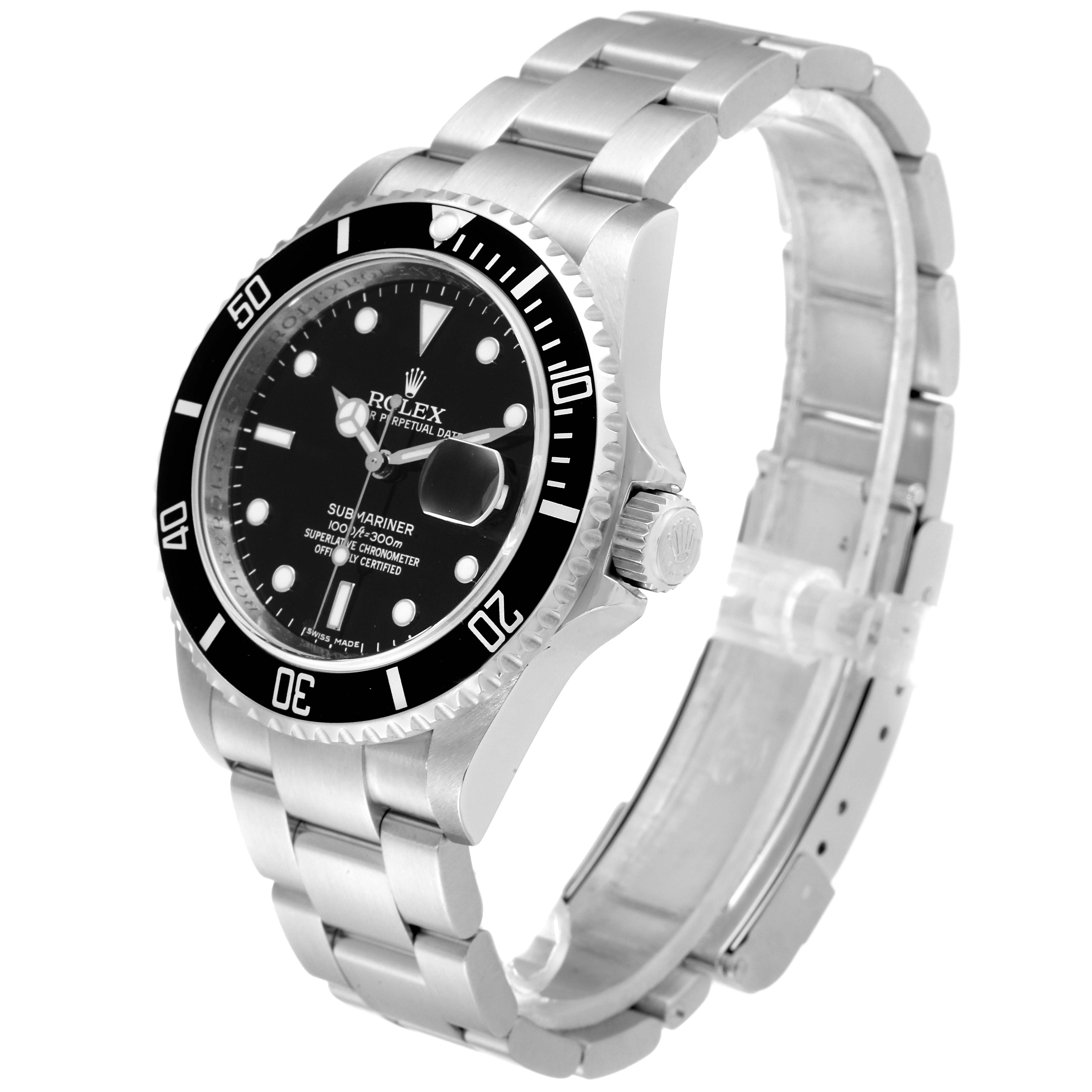 The Rolex Submariner 16610 Men
s Stainless Steel Black Dial 16610 Men
s Stainless Steel Black Dial watch is shown at a slight angle, displaying the face, dial, bezel, bracelet, and crown.