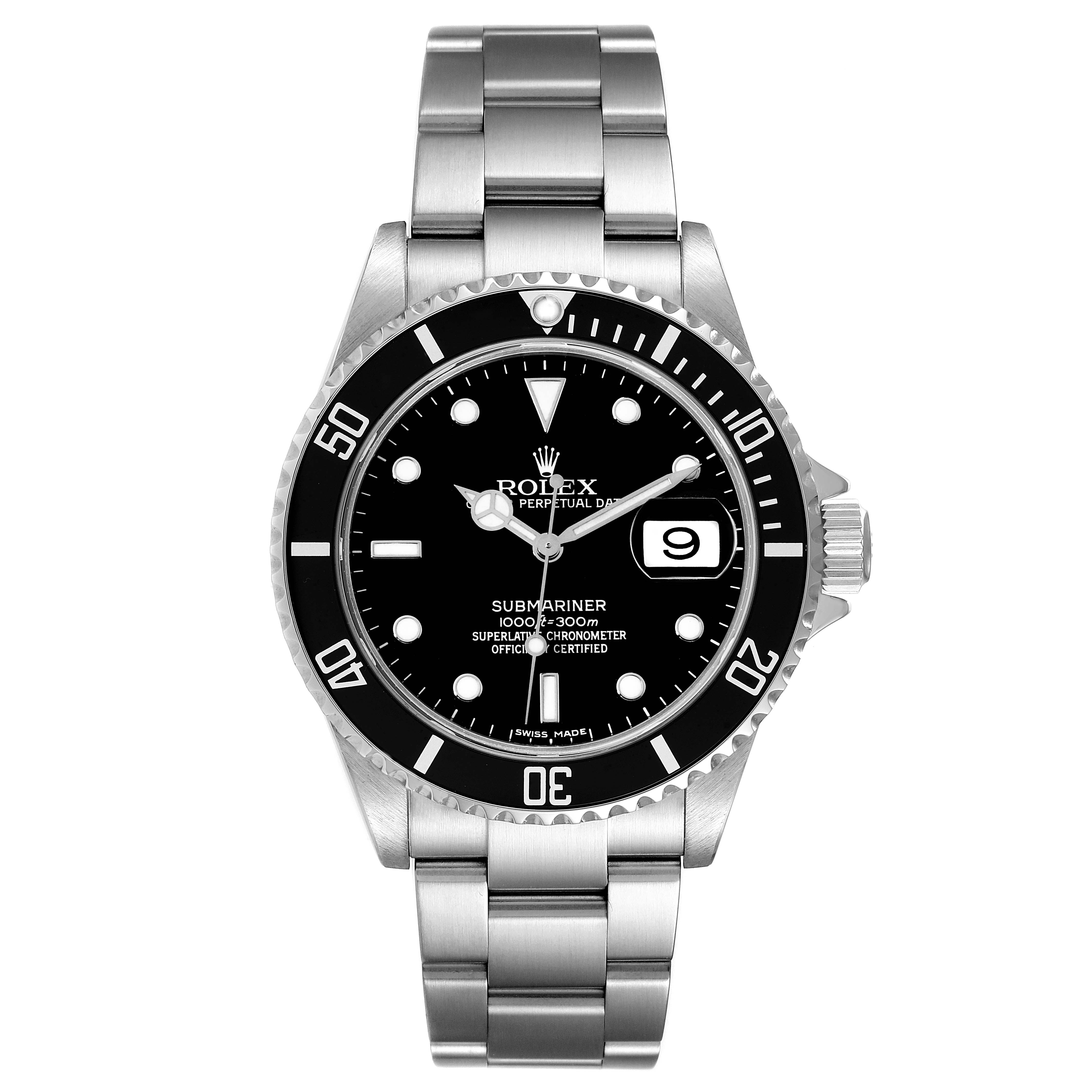 The image shows a front view of the Rolex Submariner 16610 Men
s Stainless Steel Black Dial 16610 Men
s Stainless Steel Black Dial watch, highlighting the bezel, dial, hour markers, and bracelet.