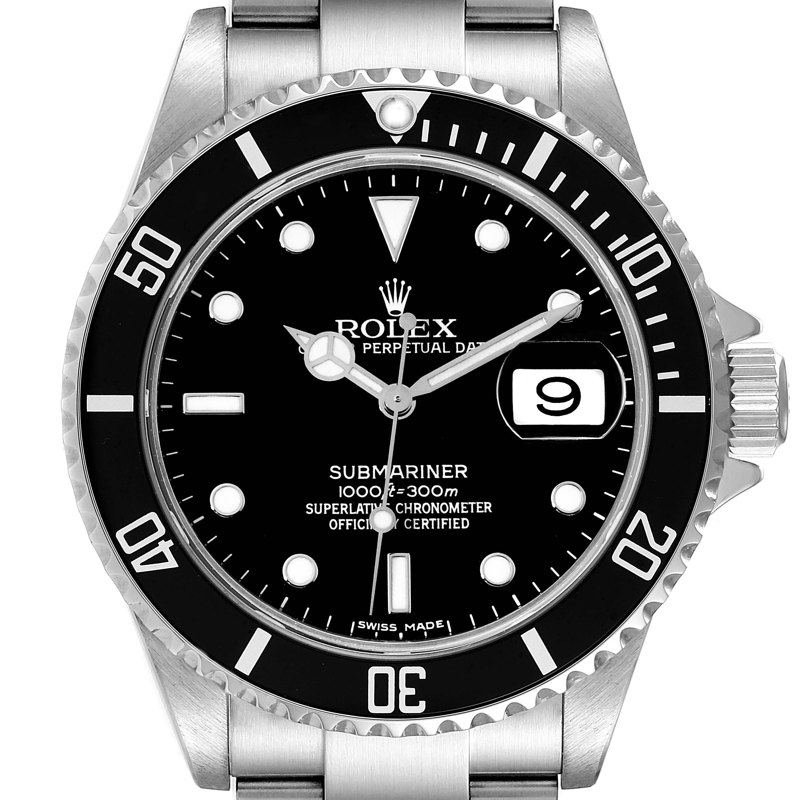 This image shows a front view of a Rolex Submariner 16610 Men
s Stainless Steel Black Dial 16610 Men
s Stainless Steel Black Dial watch, displaying the dial, bezel, and part of the bracelet.
