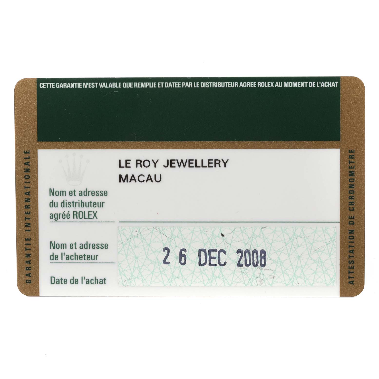 The image shows an official warranty card for a Rolex Submariner 16610 Men
s Stainless Steel Black Dial 16610 Men
s Stainless Steel Black Dial, detailing the purchase date and authorized dealer.