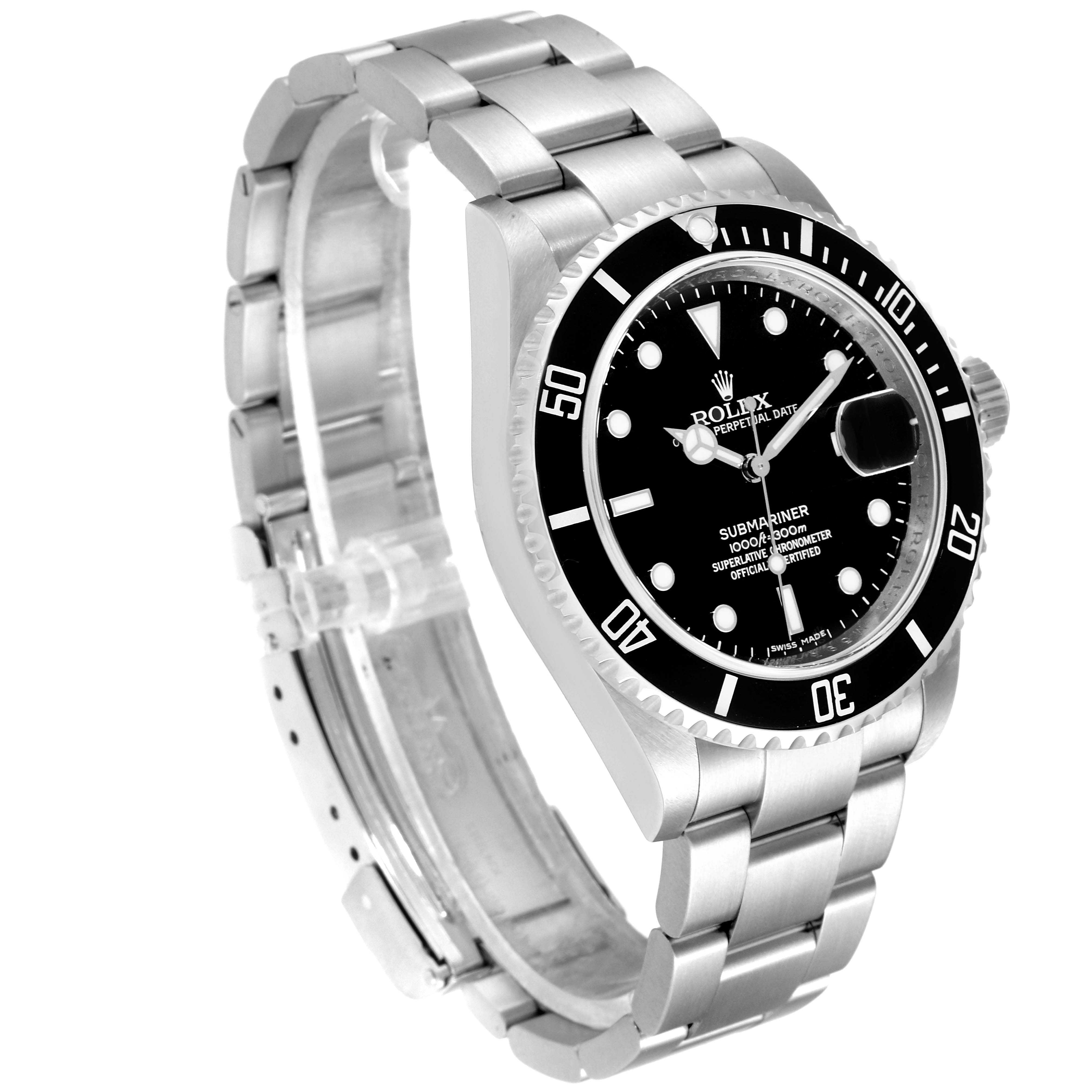 The Rolex Submariner 16610 Men
s Stainless Steel Black Dial 16610 Men
s Stainless Steel Black Dial is shown at a three-quarter angle, highlighting the face, bezel, bracelet, and clasp.
