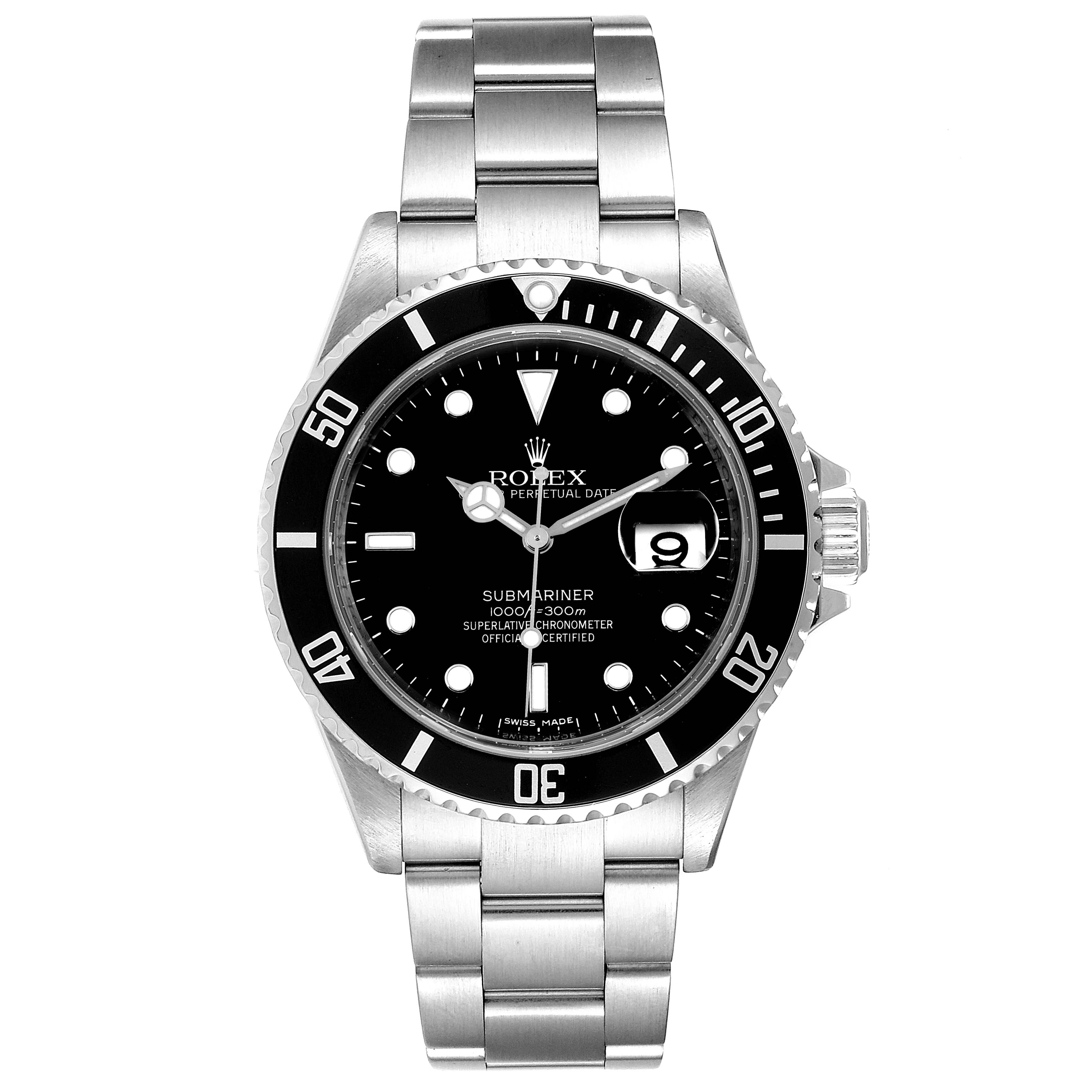 The image shows a front view of a Rolex Submariner 16610 Men
s Stainless Steel Black Dial 16610 Men
s Stainless Steel Black Dial watch, displaying its face, bezel, and bracelet.