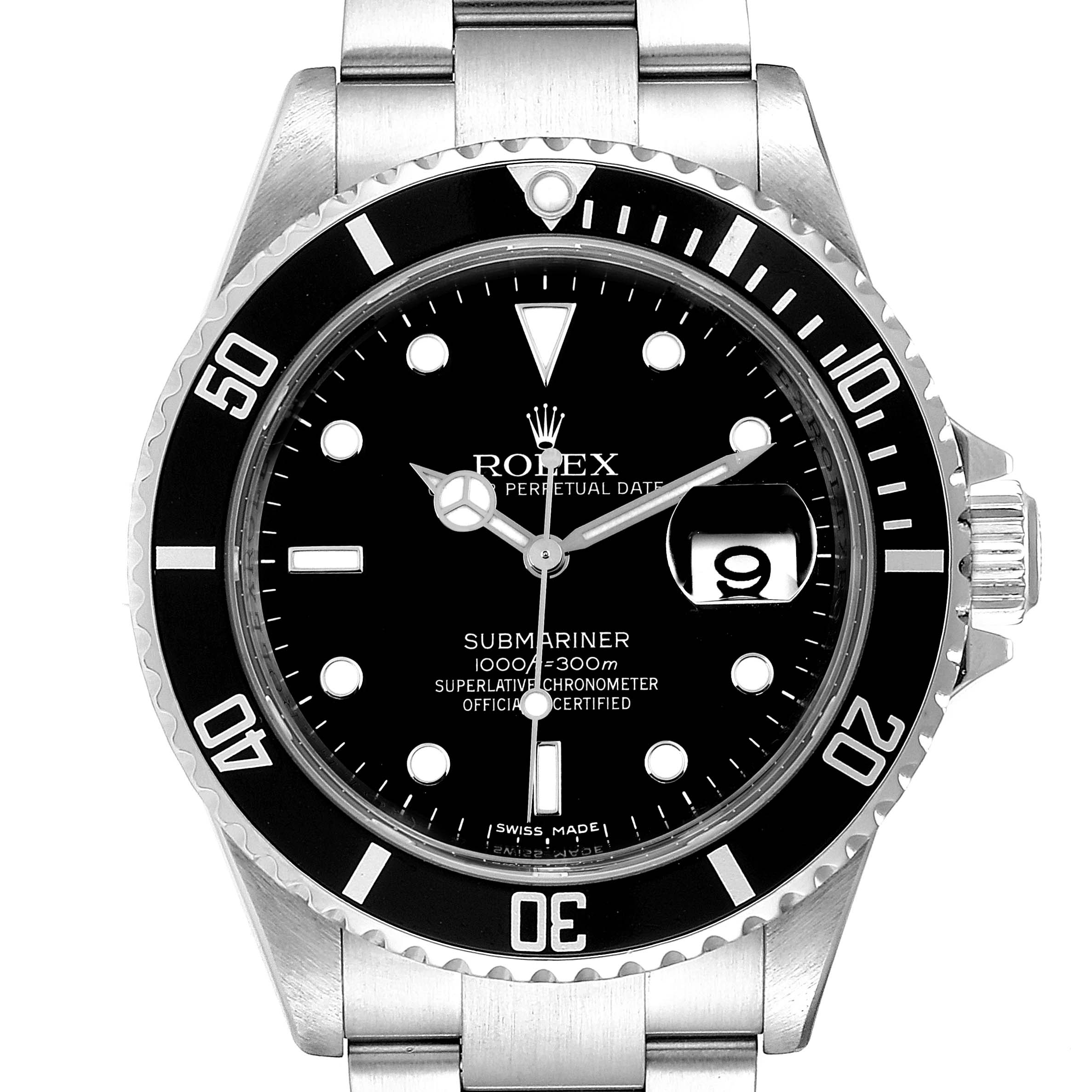 The image shows a front view of a Rolex Submariner 16610 Men
s Stainless Steel Black Dial 16610 Men
s Stainless Steel Black Dial watch, highlighting its dial, bezel, bracelet, and date window.