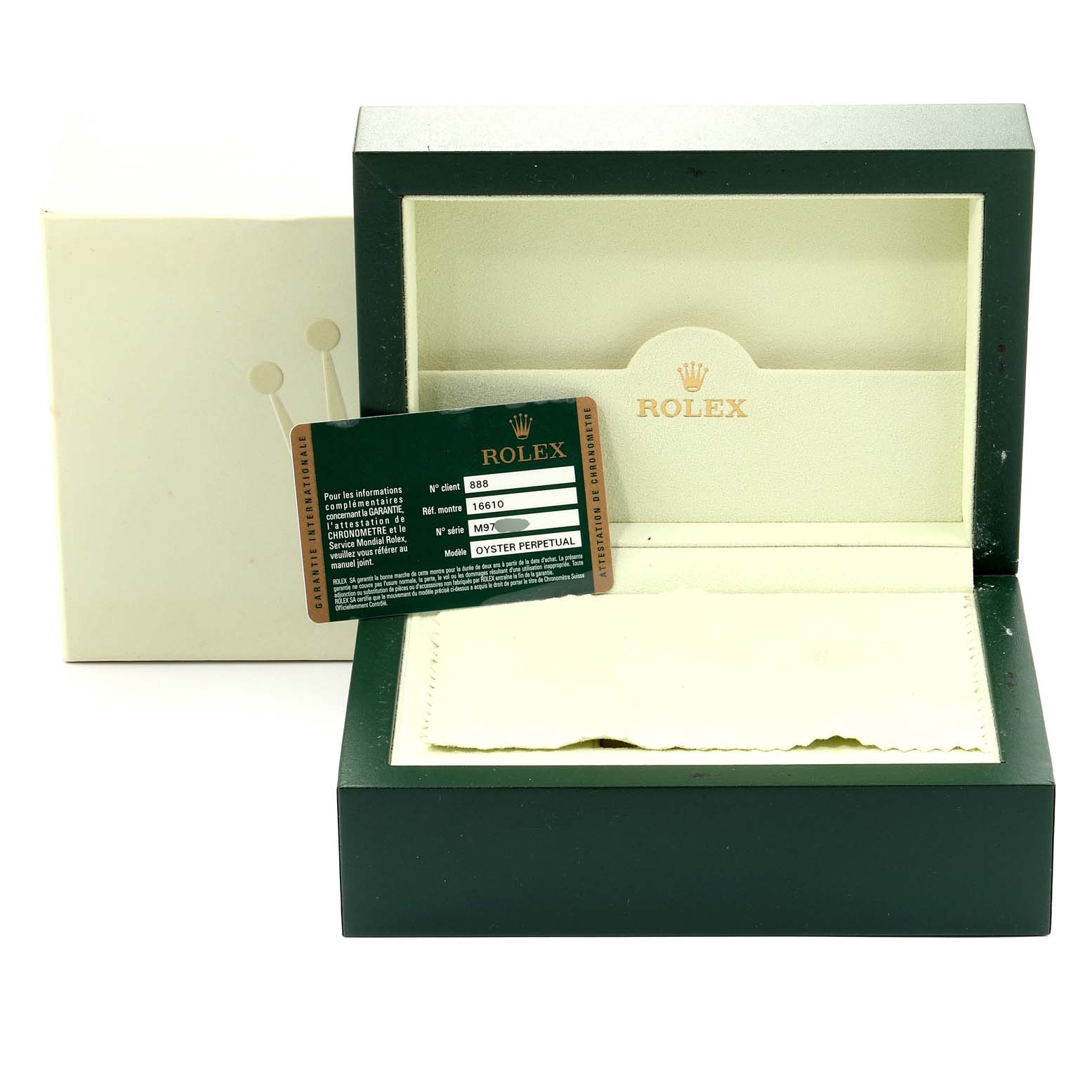 The image shows a green Rolex Submariner 16610 Men
s Stainless Steel Black Dial 16610 Men
s Stainless Steel Black Dial box with an Best Quality
ation card placed inside the box.