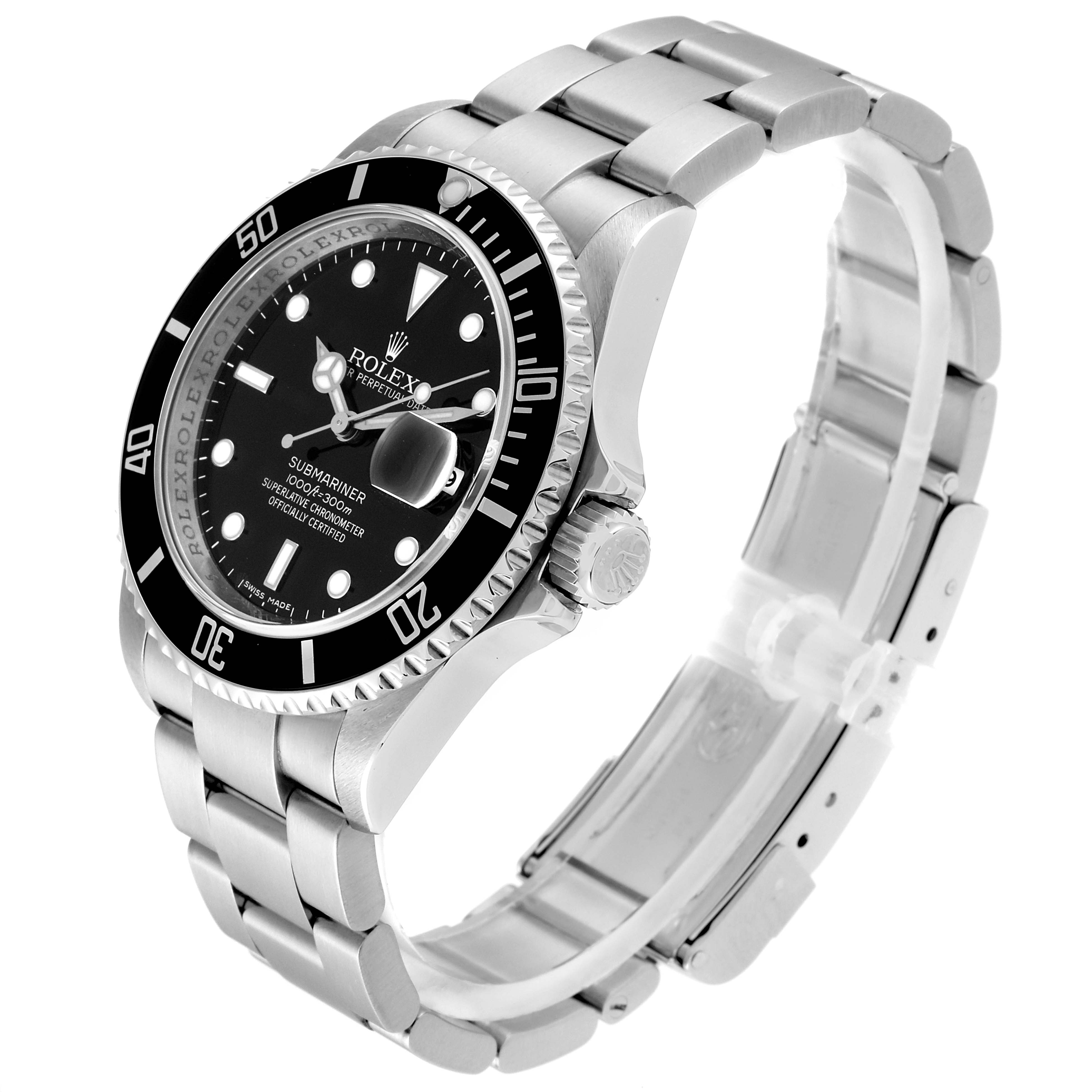 This is a Rolex Submariner 16610 Men
s Stainless Steel Black Dial 16610 Men
s Stainless Steel Black Dial watch shown at a three-quarter angle, displaying its face, bezel, crown, and bracelet.