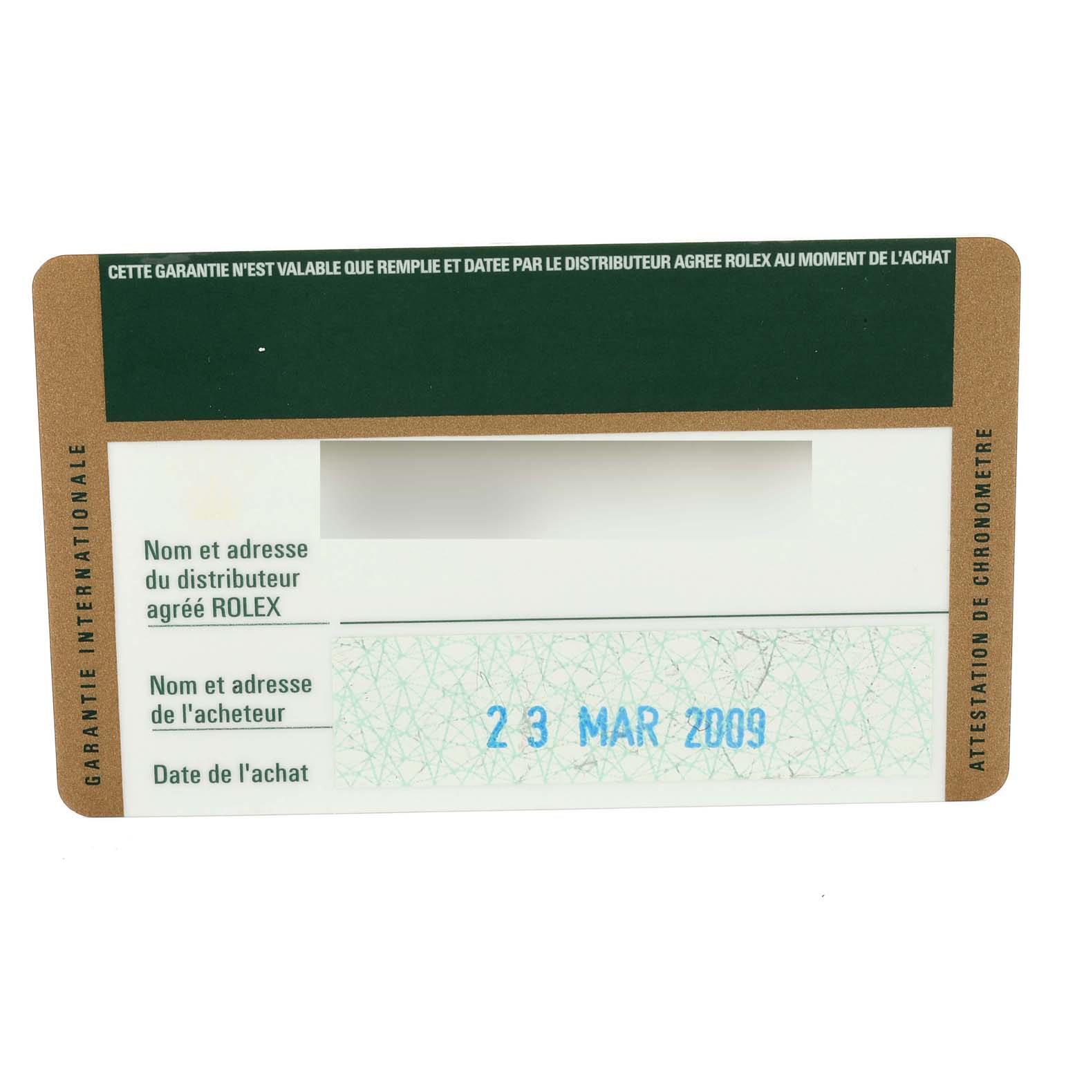 This is the warranty card for the Rolex Submariner 16610 Men
s Stainless Steel Black Dial 16610 Men
s Stainless Steel Black Dial watch, displaying the purchase date and placeholder sections for distributor and buyer information.